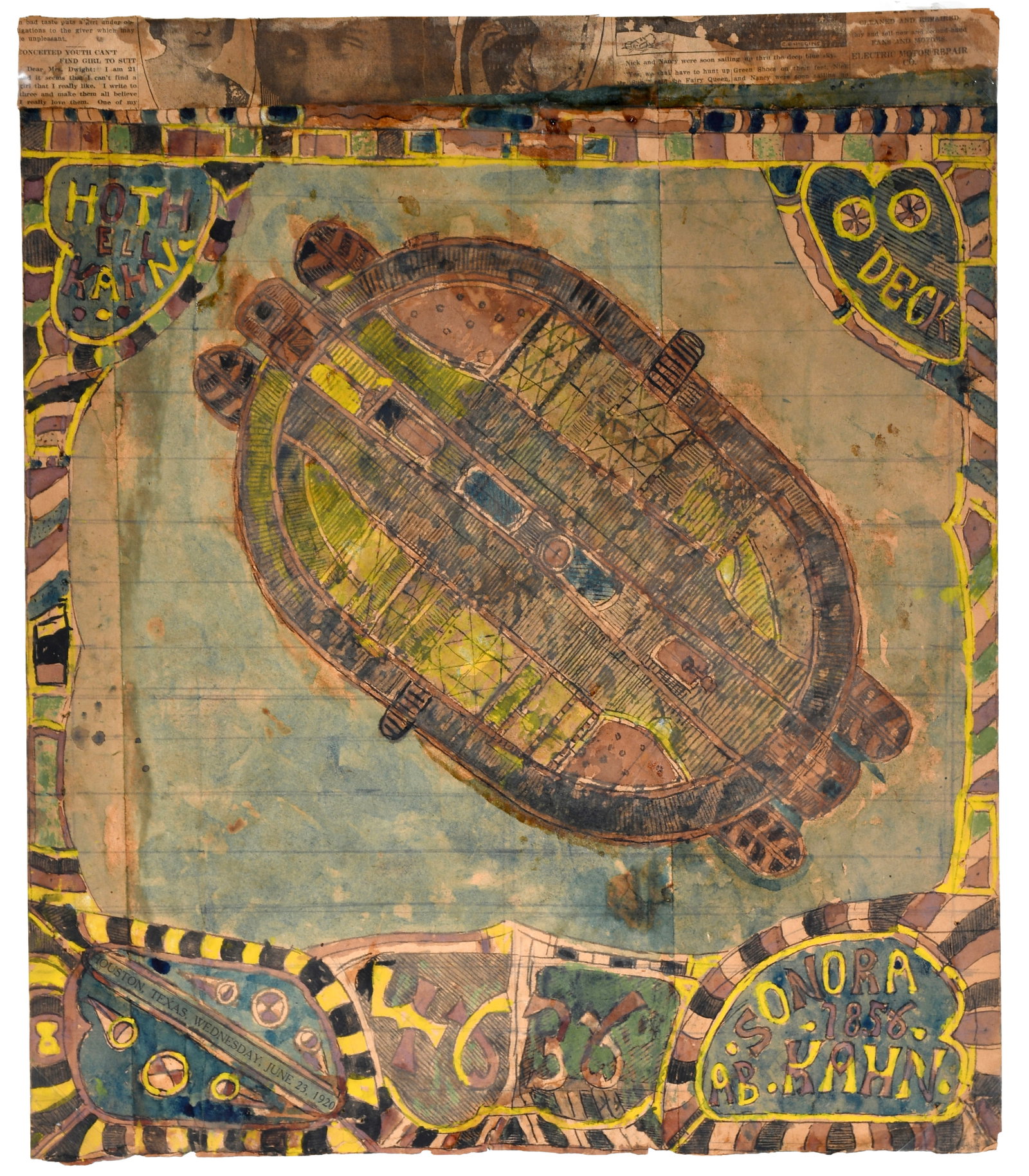 Charles Dellschau. Untitled (Sonora AB Kahn): Charles Dellschau. Untitled (Sonora AB Kahn). #4635 & 4636. c. 1920. Dated with newspaper. Watercolor, ink on mixed media collage with newspaper clippings. Excellent condition. Image is 16.5" w x 19.5