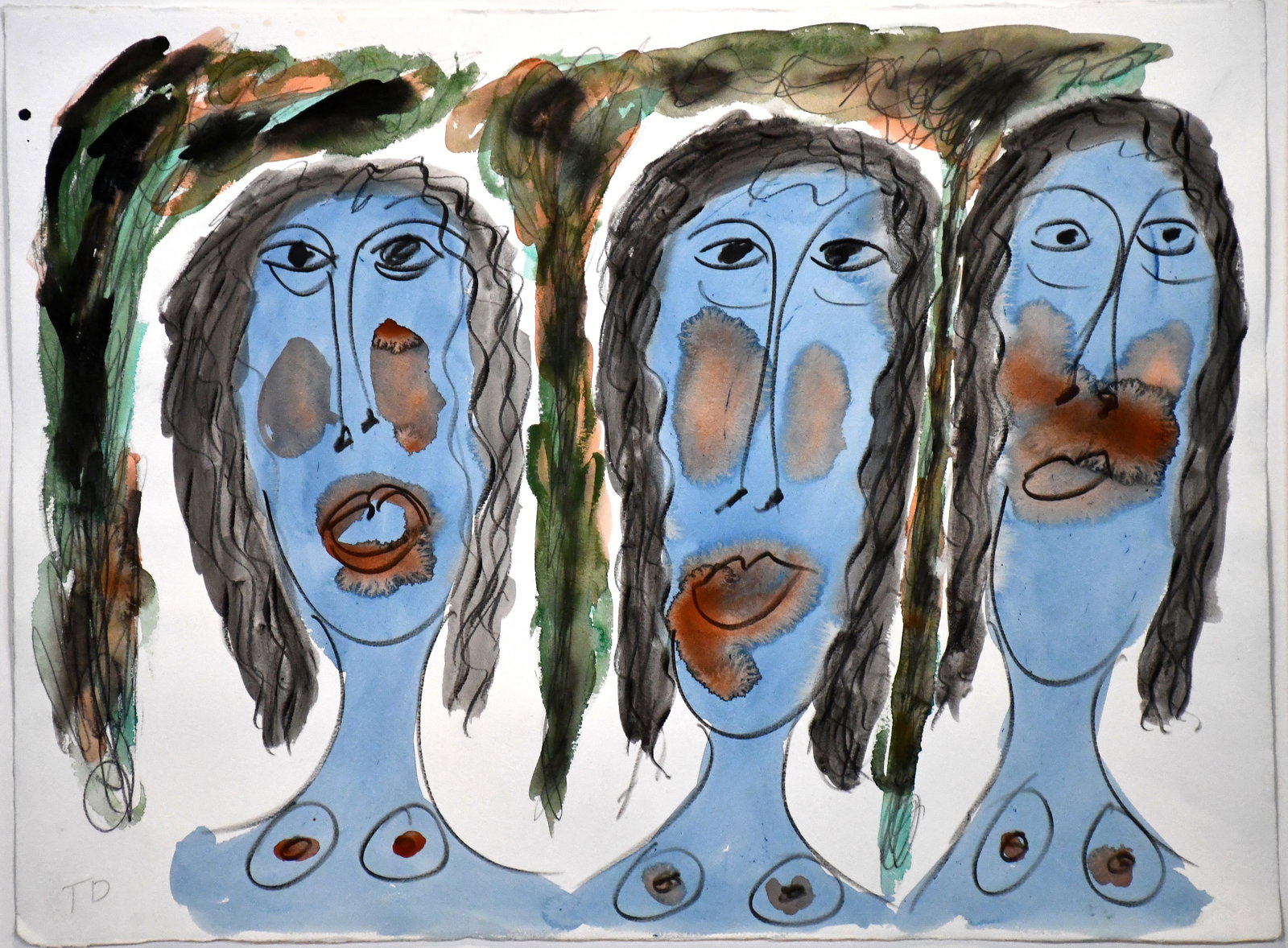 Thornton Dial. Three Topless Ladies in Blue.: Thornton Dial. Three Topless Ladies in Blue. Initialed. Watercolor and charcoal on artist paper. Excellent condition. Image is 30" w x 22" h. Frame is 42" w x 35" h. Est. $3,000-5,000. Ship: $350 