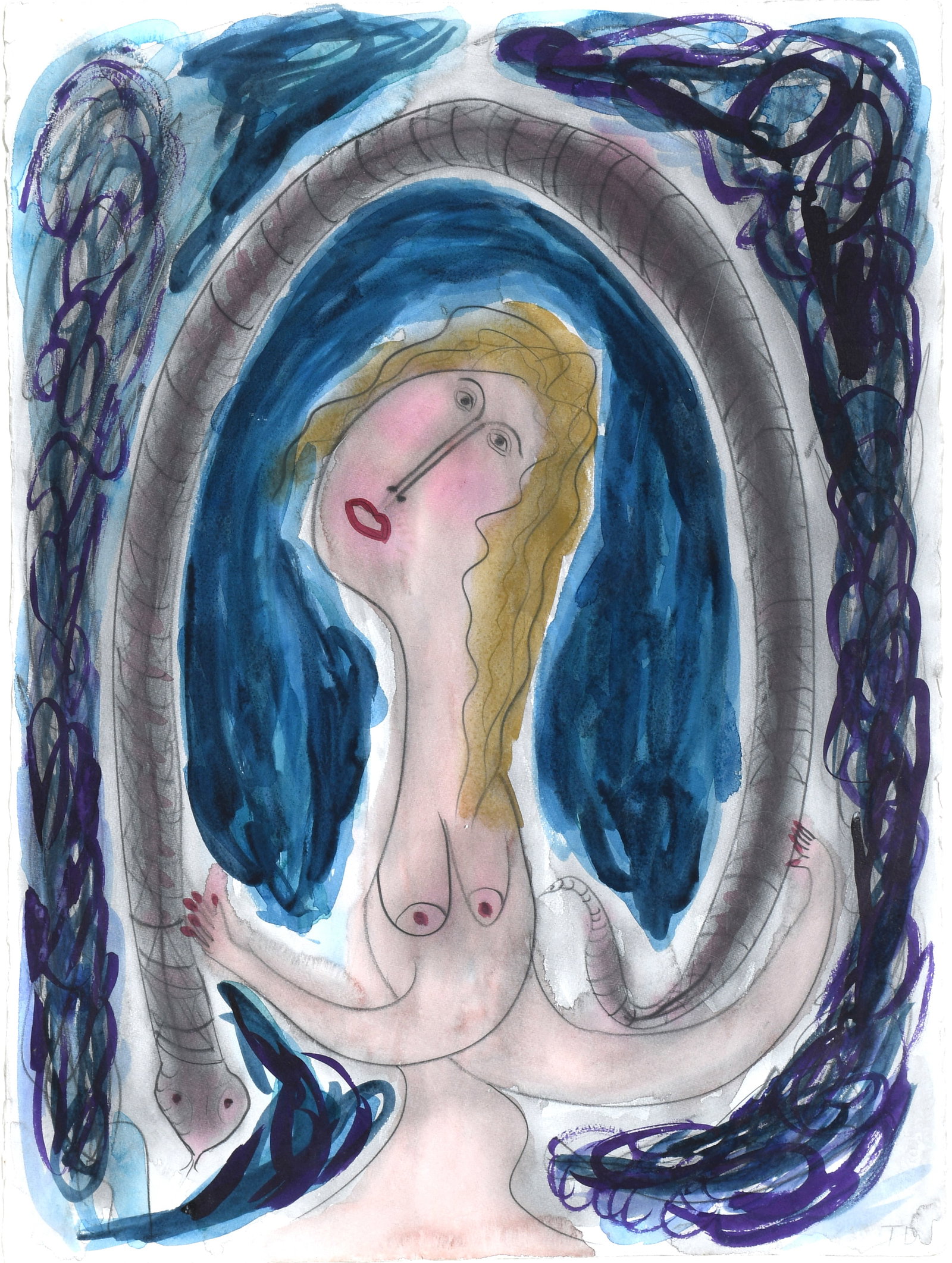Thornton Dial. Nude Female Snake Handler.: Thornton Dial. Nude Female Snake Handler. Initialed. Watercolor, pastel and graphite on artist paper. Excellent condition. Image size is 22" w x 30" h. Size with frame is 27" w x 35" h. Est. $3,000-5,