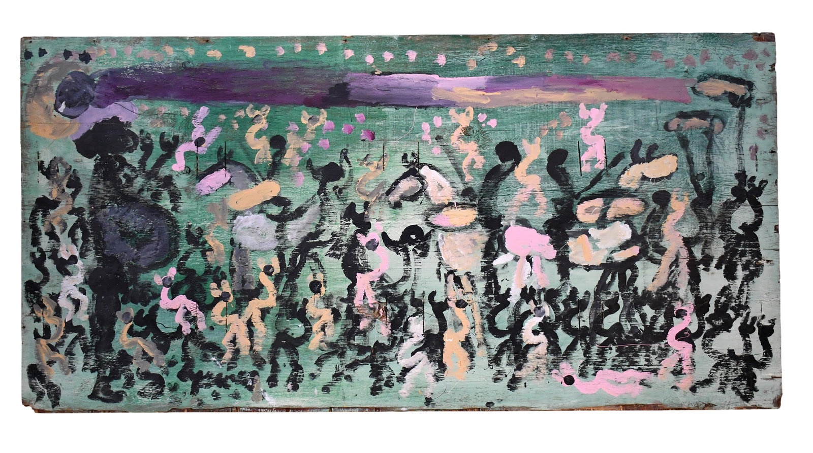 Purvis Young. Warriors on Horseback with Pregnant Woman and Saint Hovering Over.: Purvis Young. Warriors on Horseback with Pregnant Woman and Saint Hovering Over. Signed. Paint on found board. Minor loss on edges, otherwise excellent condition. 96" w x 48" h. Est. $3,000-5,000.