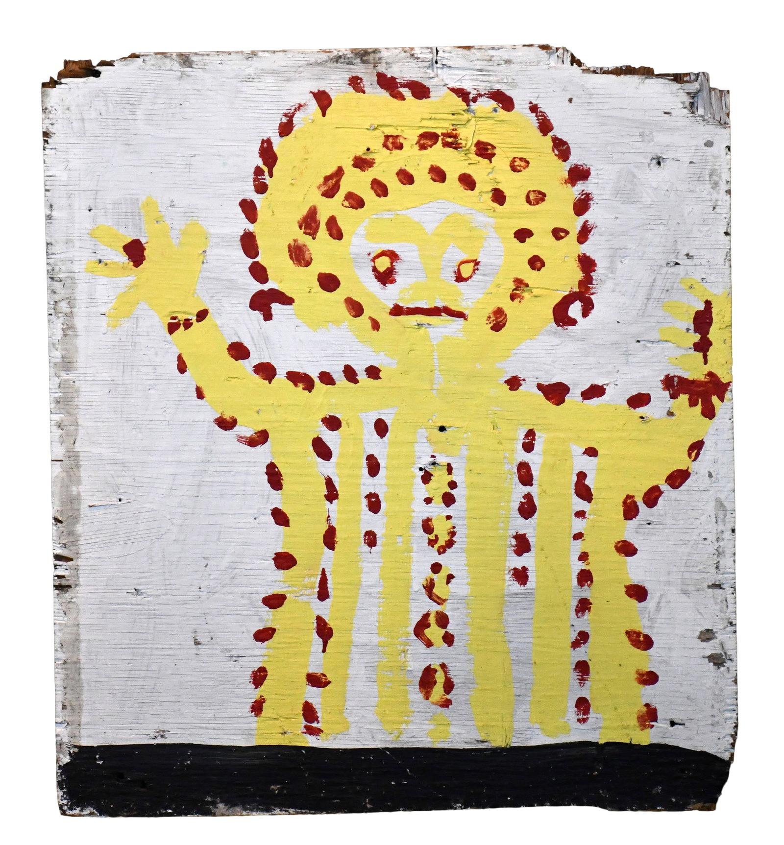 Mary T. Smith. Yellow Figure with Hands Raised.: Mary T. Smith. Yellow Figure with Hands Raised. Signed on verso. Paint on found board. Surface grime and environmental weathering on board, otherwise good condition. 23.5" w x 27" h. Est. $800-1,200.