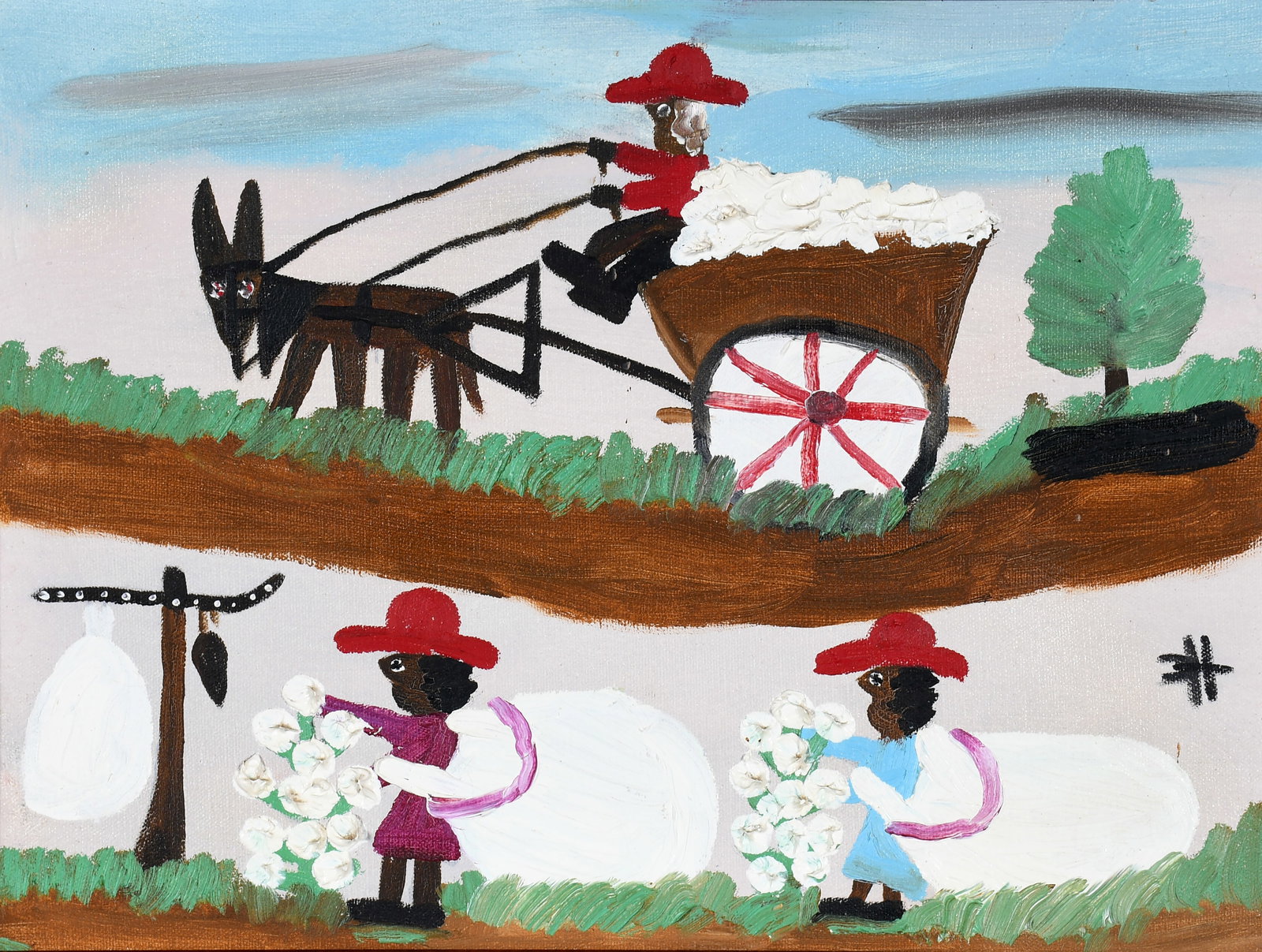 Clementine Hunter. Cotton Harvest.: Clementine Hunter. Cotton Harvest. c. late 1970s. Monogrammed. Oil on canvas. Excellent condition. Size with frame is 18" w x 14" h. Provenance: The Lynne Ingram Collection. Est. $2,000-4,000. Ship: $