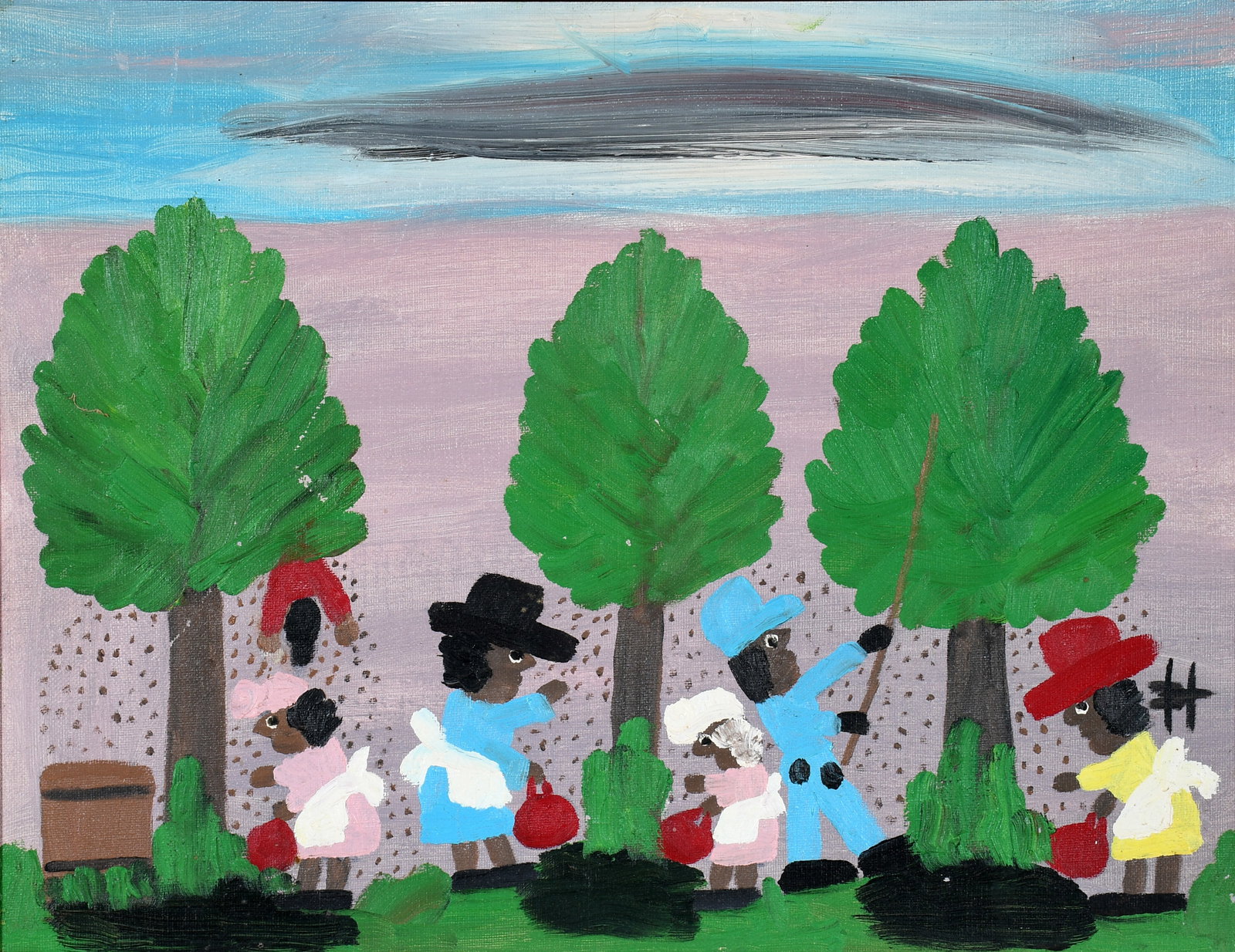 Clementine Hunter. Pecan Harvest.: Clementine Hunter. Pecan Harvest. c. 1980. Monogrammed. Oil on canvas panel. Paint loss left side tree and minor flake center tree, otherwise great condition. Size with frame is 20.5" w x 16.5" h.