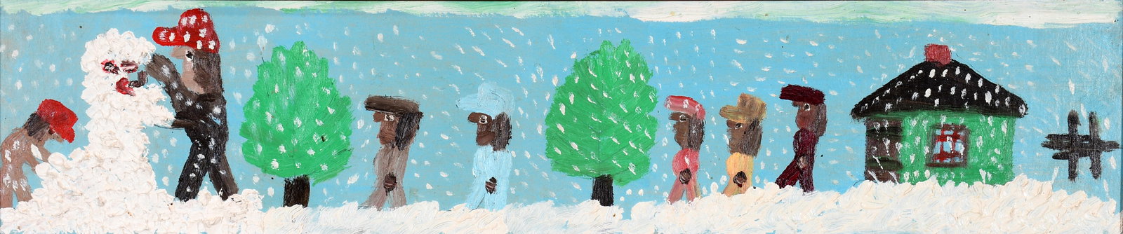 Clementine Hunter. Building a Snowman.: Clementine Hunter. Building a Snowman. c. 1980s. Monogrammed. Oil on canvas panel. Excellent condition. Size with frame is 26" w x 7.5" h. Provenance: The Lynne Ingram Collection. Est. $2,000-4,000.