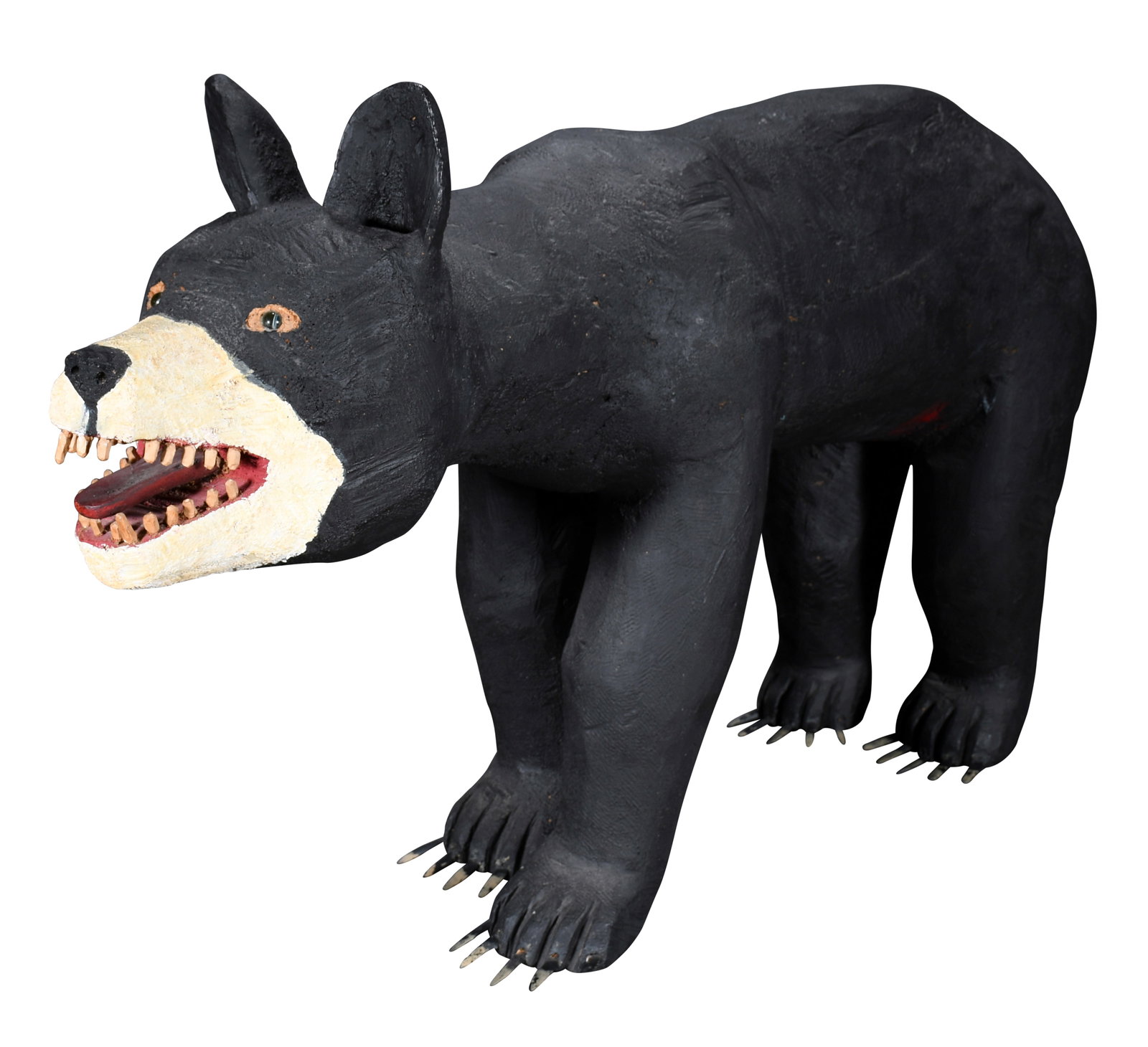 Felipe Archuleta. Large Black Bear.: Felipe Archuleta. (1910-1991). Large Black Bear. 1977. Initialed and dated. Carved wood with marble eyes and plastic claws. Excellent condition. 56" long x 31" h x 12" w. Provenance: ex. Russell Bowma