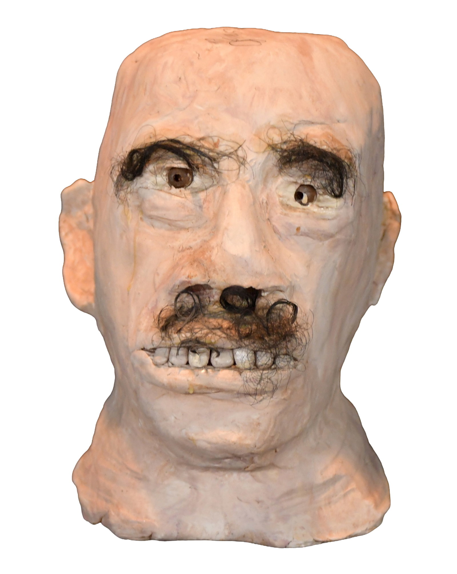 James Son Thomas. Bust of a White Man with Bushy Mustache and Eyebrows.: James Son Thomas. Bust of a White Man with Bushy Mustache and Eyebrows. Signed. Paint on gumbo clay and cement mixture with natural hair attached. Excellent condition. 8.5" h. Provenance: The Richard