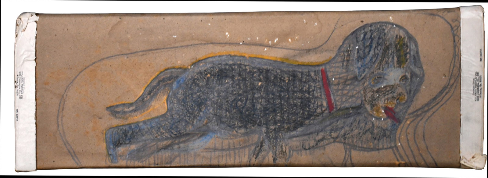 Nellie Mae Rowe. Dog.: Nellie Mae Rowe. Dog. Not signed. Crayon and graphite on cardboard fabric bolt. Minor surface grime, otherwise good condition. 23" w x 8" h. Provenance: Judith Alexander. Est. $500-800. Ship: $55 Plea