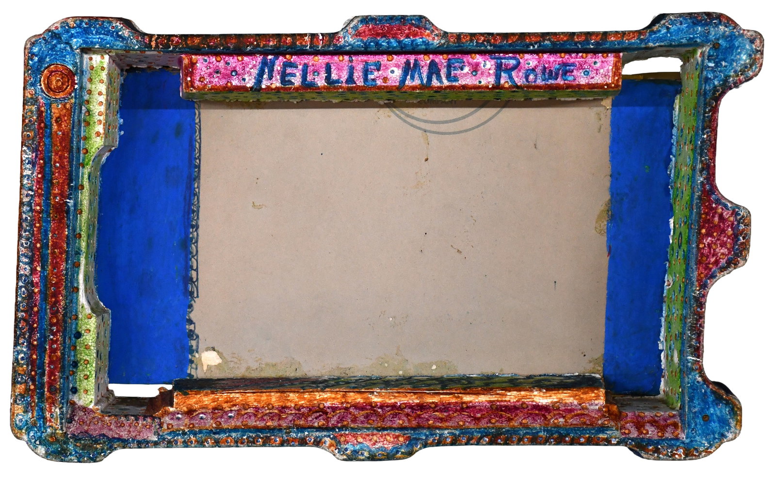 Nellie Mae Rowe. Decorated Styrofoam Frame.: Nellie Mae Rowe. Decorated Styrofoam Frame. Signed. Crayon and mixed media on found Styrofoam. Great condition. 20" w x 12.5" h x 3"d. Provenance: Judith Alexander. Est. $500-800. Ship: $65 Please