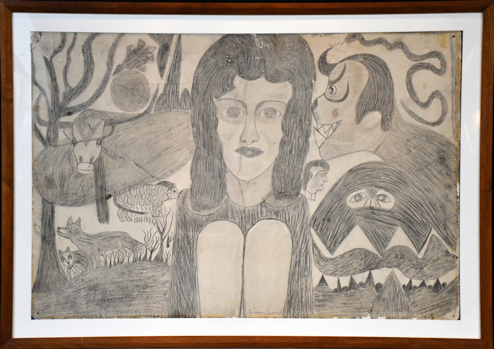 Simon Sparrow. Tempting Eve.B146: Simon Sparrow. Tempting Eve. c. Late 1980s. Signed. Graphite on large found cardstock. Creases throughout. Minor glue stain from early frame on edges. Some loss to paper. Overall good condition. Size