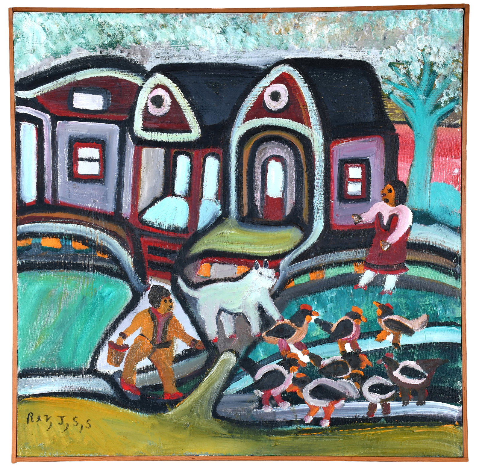 Rev. Johnnie Swearingen. Feeding the Chickens.: Rev. Johnnie Swearingen. (1908-1993). Feeding the Chickens. Initialed. Not dated. Oil on canvas. Excellent condition. Size with frame is 24.5" w x 24.5" h. Provenance: The Lynne Ingram Collection.