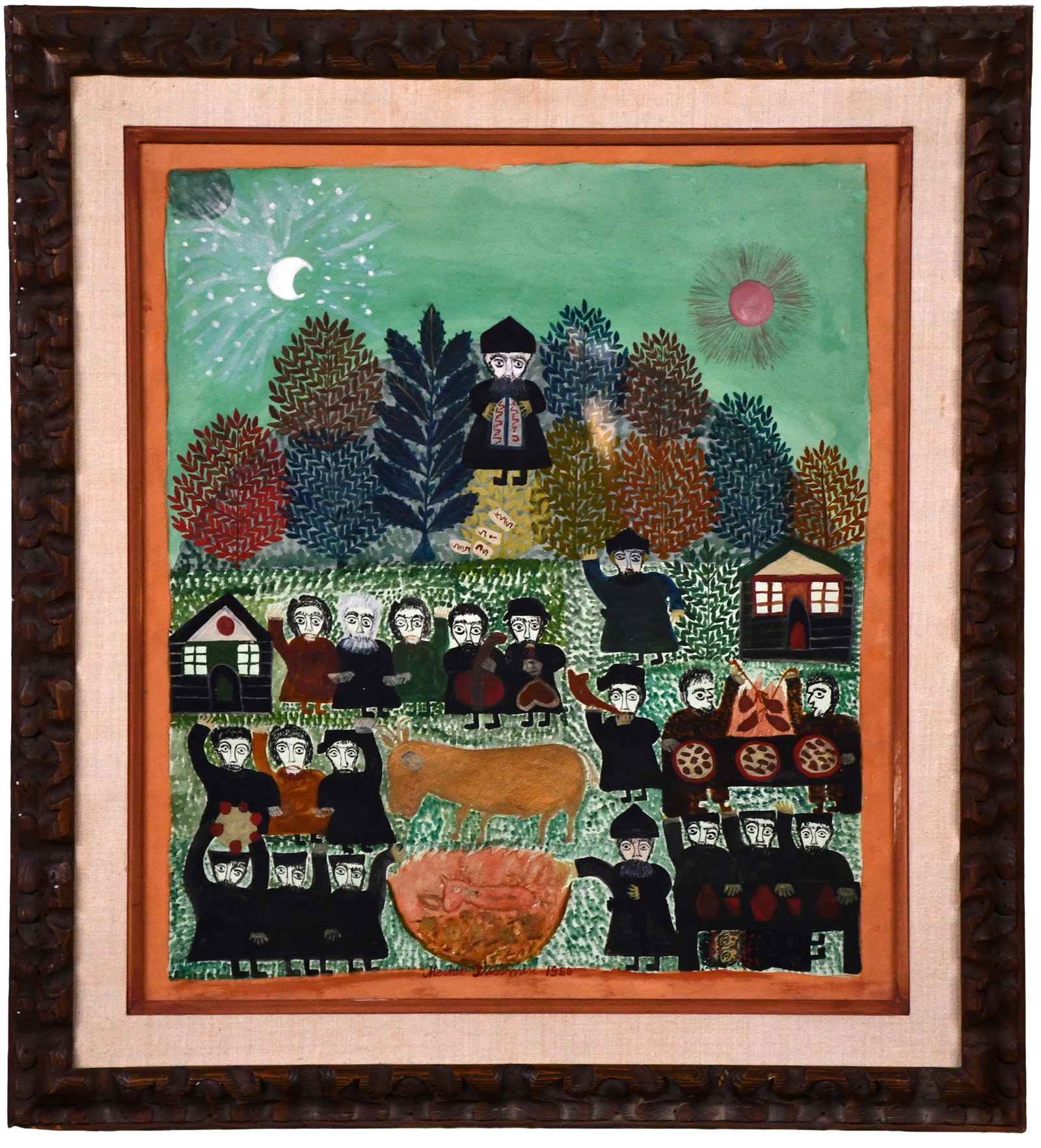 Meichel Pressman. Moses Descending Mount Sinai.: Meichel Pressman. (1864-1951). Moses Descending Mount Sinai. 1950. Signed and dated. Gouache on paper. Excellent condition. Visible image is 18.5" w x 21" h. Frame is 25" w x 27" h. This rare Jewish