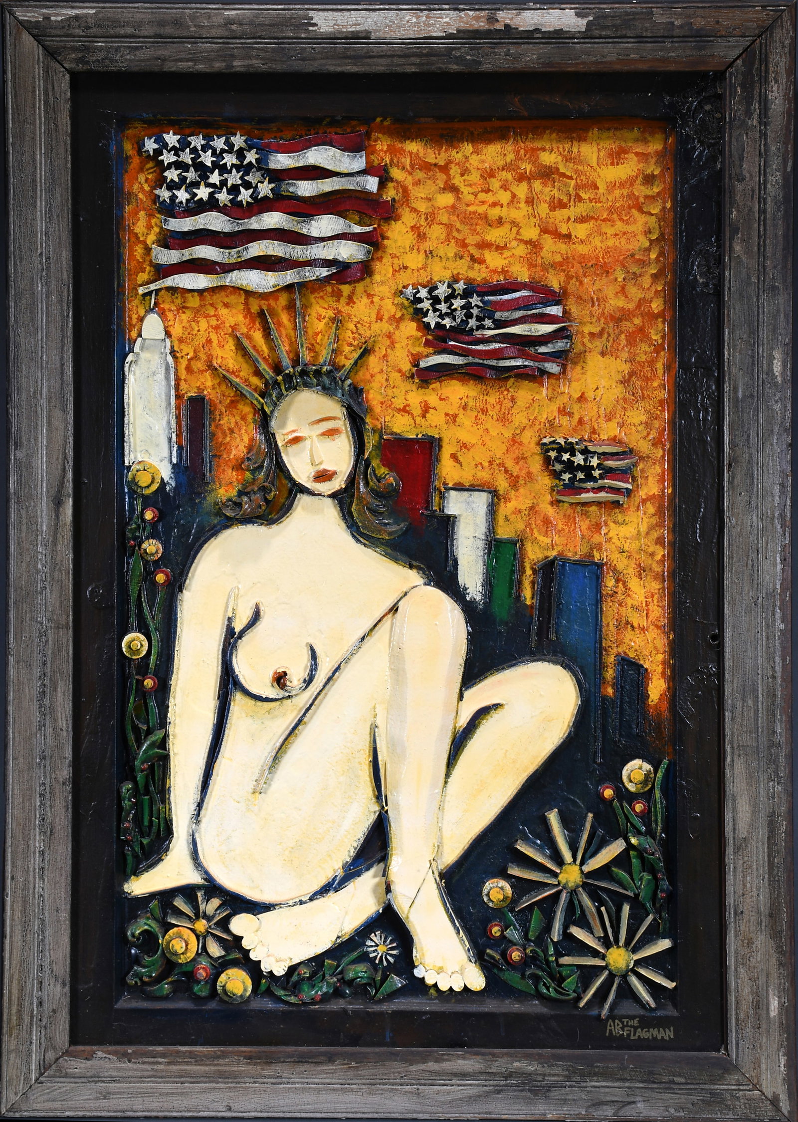 Ab the Flagman. Ms. Liberty.: Ab the Flagman. (1964-2022). Ms. Liberty. Signed. Paint and scrap wood construction backed to heavy door. Excellent condition. 38.5" w x 54" h x 3"d. Est. $1,000-2,000. Buyer is responsible for shippi