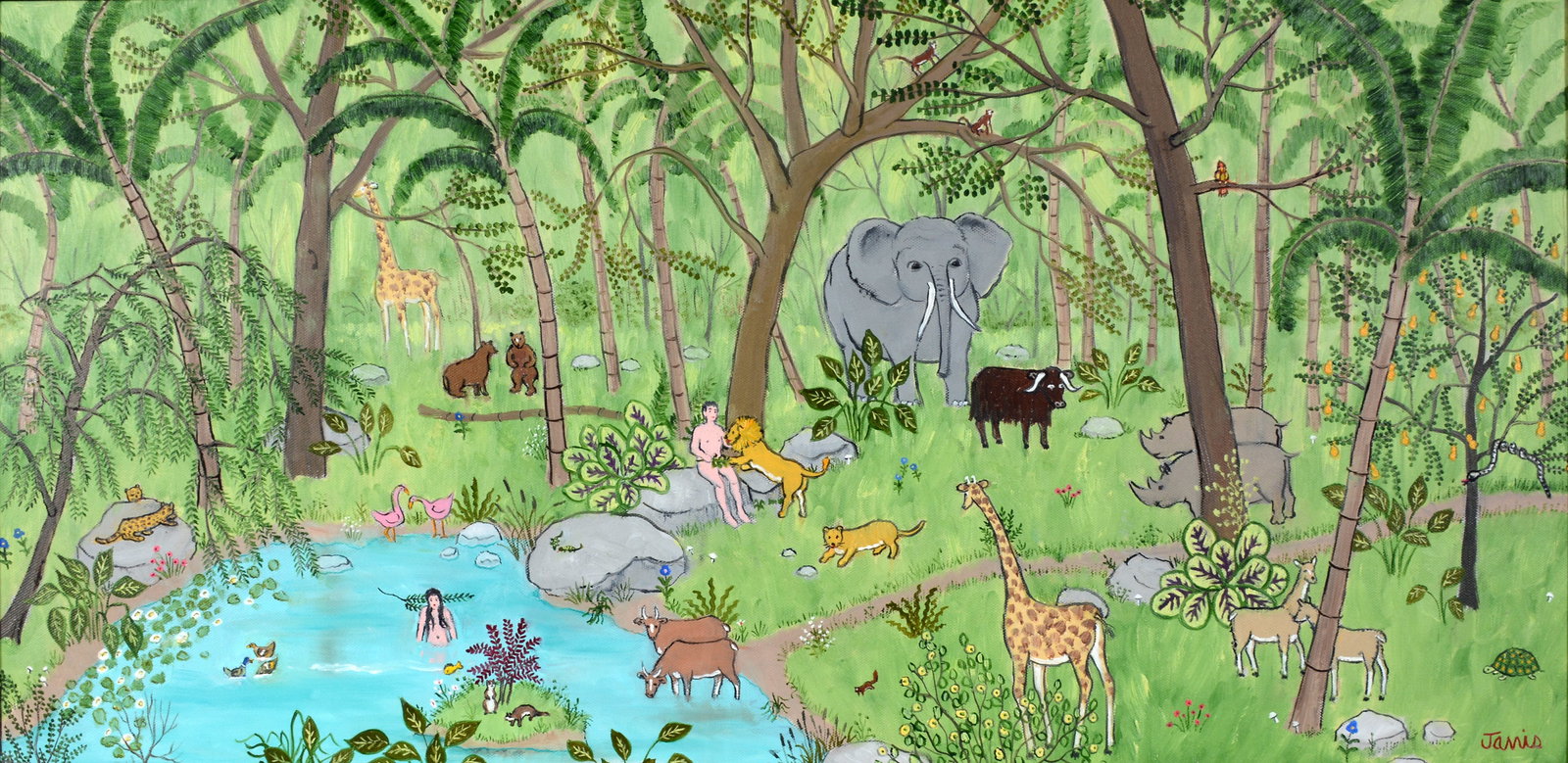 Janis Price. In The Garden of Eden.: Janis Price. In The Garden of Eden. Signed and titled. Oil on canvas. Excellent condition. 33" w x 18.5" h including frame. Est. $1,000-2,000. Ship: $125 Please Read Before You Bid: By registering for