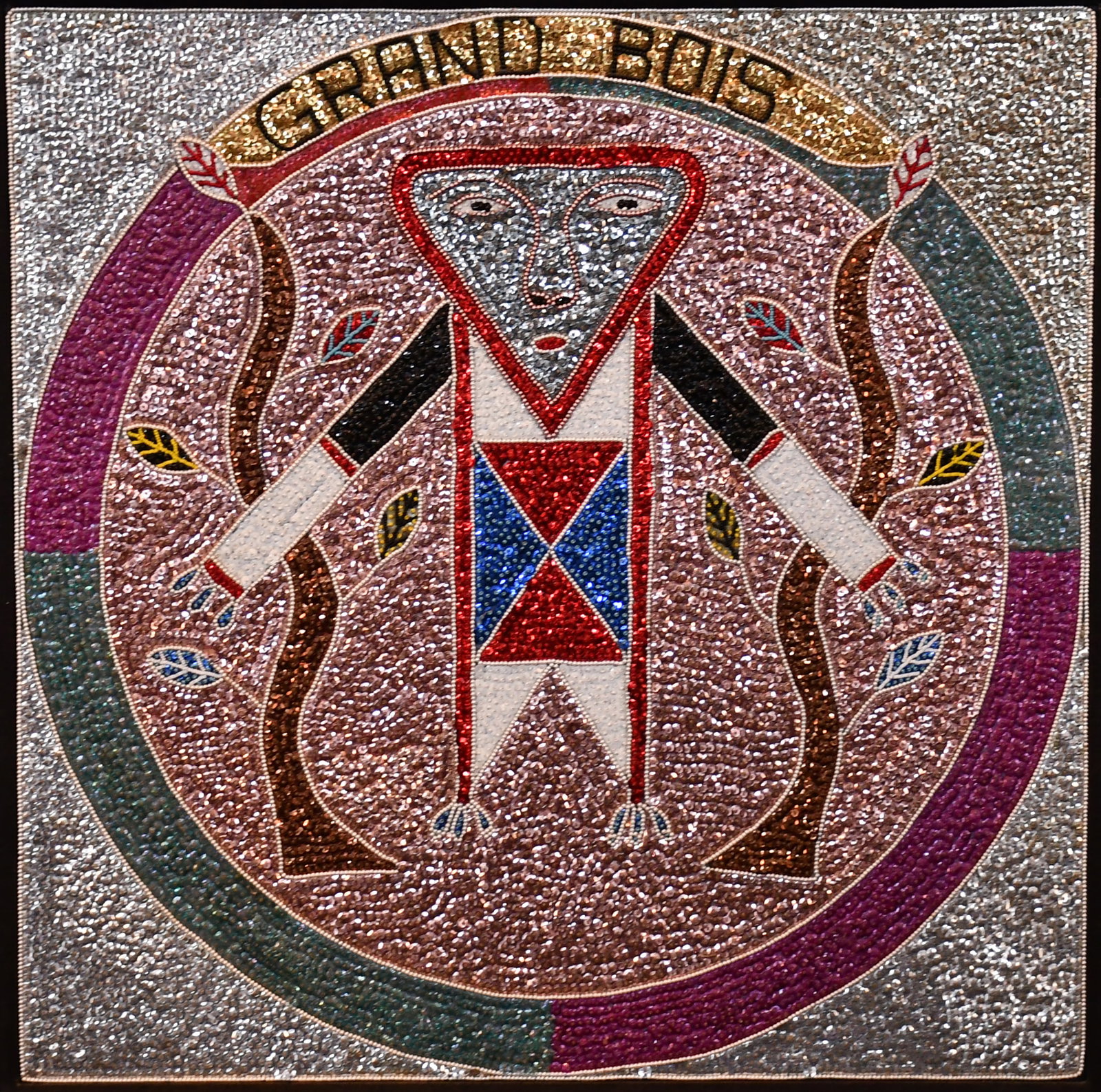 Haitian Voodoo Flag. Grand Bois (Spirit of the Forest).: Haitian Voodoo Flag. Grand Bois (Spirit of the Forest). c. early 1980s. Titled. Sequins and beads backed to cloth. Excellent condition. Size with frame is 35" w x 35" h. Est. $500-800. Ship: $200 