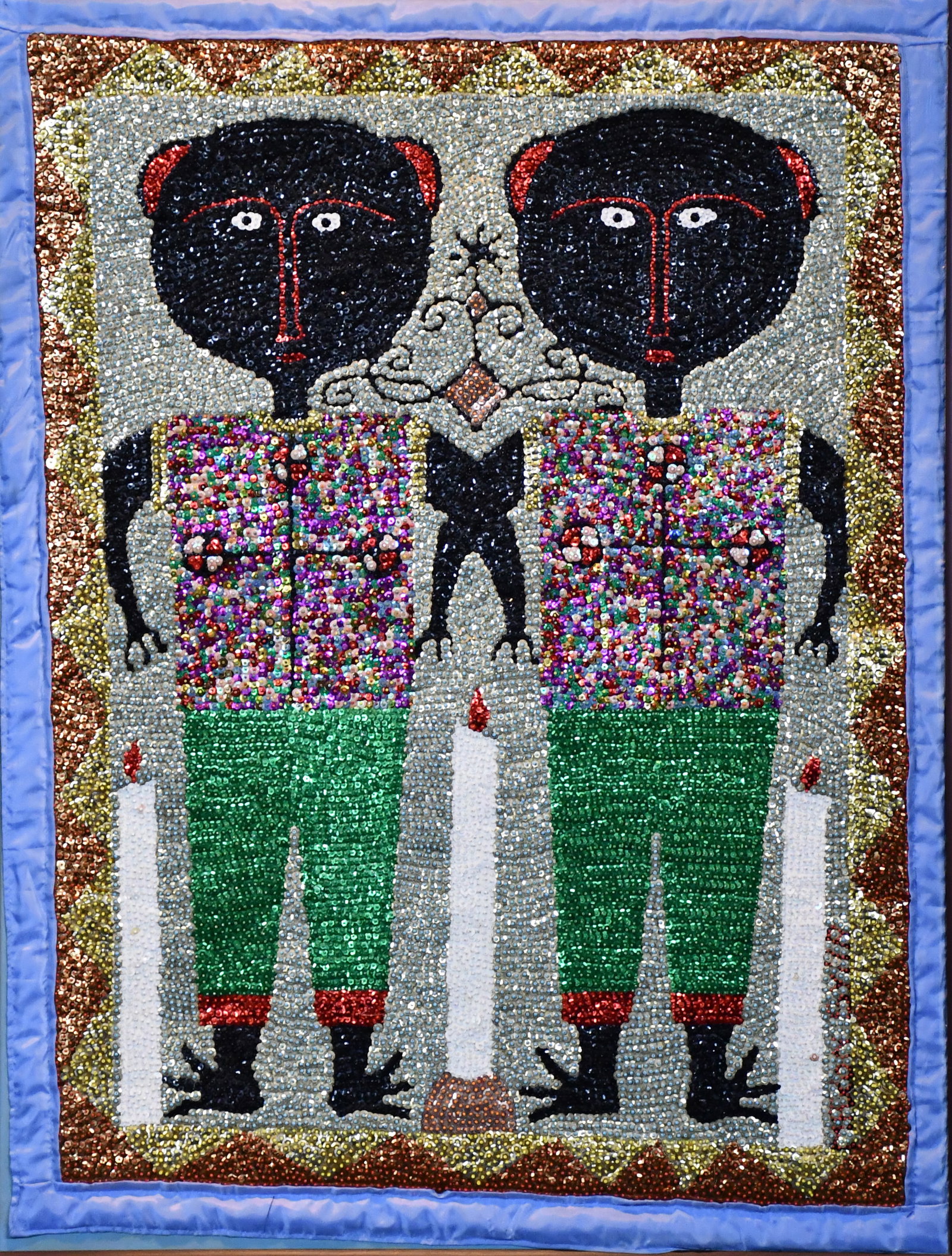 Haitian Twins Voodoo Flag.: Haitian Twins Voodoo Flag. Not signed. Beads and sequins backed to rayon. Excellent condition. Size with frame is 34" w x 44" h. Est. $300-500. Ship: $200 Please Read Before You Bid: By