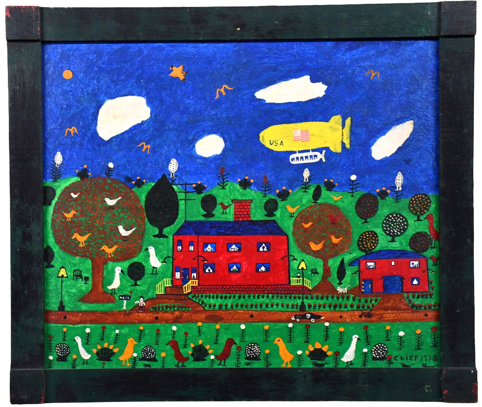 Chief Wiley. Blimp Over Neighborhood.: Chief Wiley. Blimp Over Neighborhood. 1975. Signed and dated. Oil on Masonite. Excellent condition. Size with frame is 27. 5 " w x 23.5" h. Est. $500-800. Ship: $65 Please Read Before You Bid: By regi