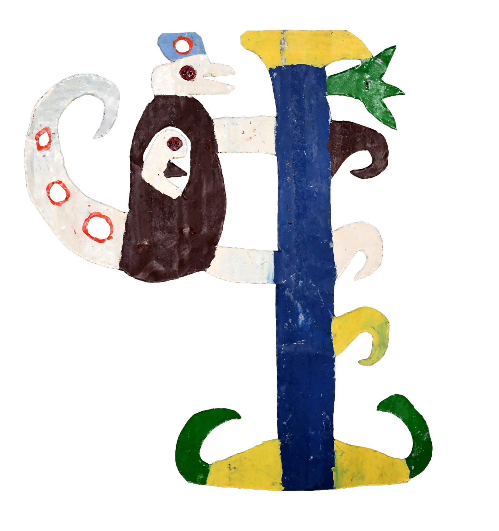 David Butler. Monkey with Baby on Tree.: David Butler. (1898-1997). Monkey with Baby on Tree. Not signed. Double-sided paint on tin. Minor paint wear, otherwise great condition. 24" w x 26" h. Provenance: Judith Alexander. Est. $1,000-2,000.