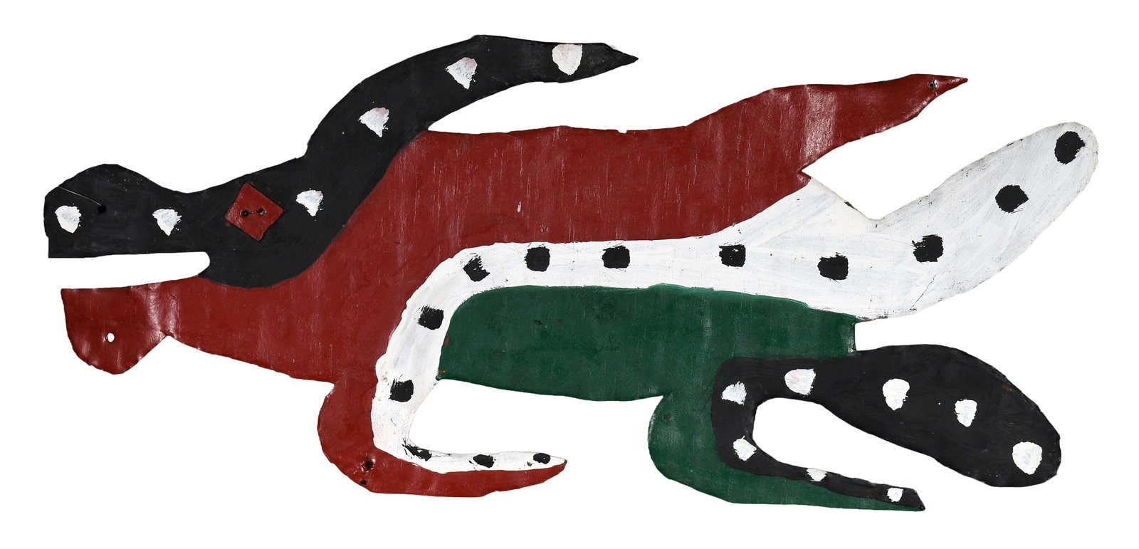 David Butler. Horned Fantasy Creature.: David Butler. Horned Fantasy Creature. Not signed. Paint on cut out tin. Excellent condition. Double-sided. 28.5" w x 12" h. Provenance: Richard Gasperi and James Resko Collection. Est. $500-800. Ship