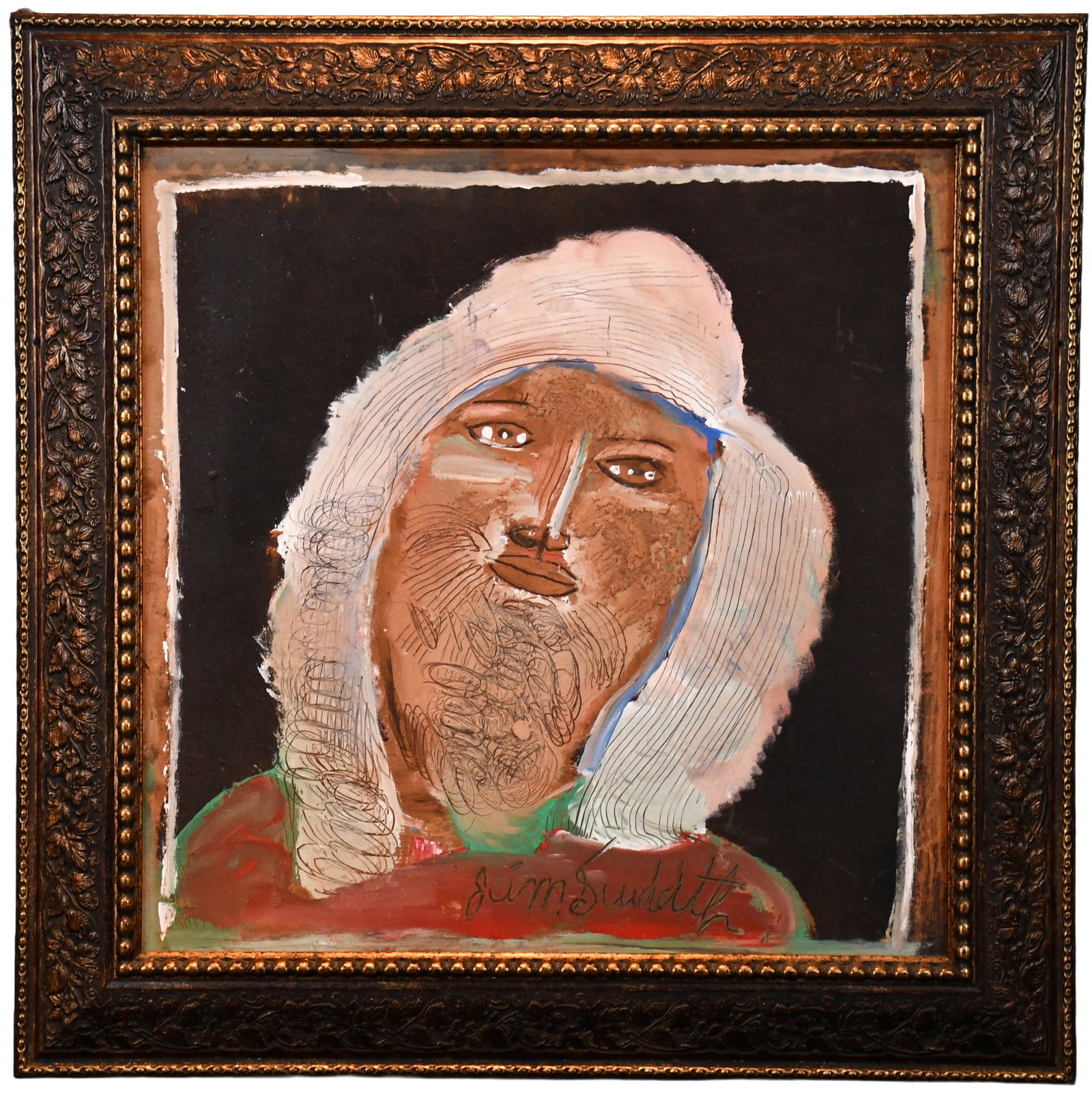 Jimmy Lee Sudduth. Portrait of a Man with Gray Hair.: Jimmy Lee Sudduth. Portrait of a Man with Gray Hair. Signed. Paint and mud on board with incised name and details. Excellent condition. Size with frame is 31" w x 31" h. Est. $500-800. Ship: $100 