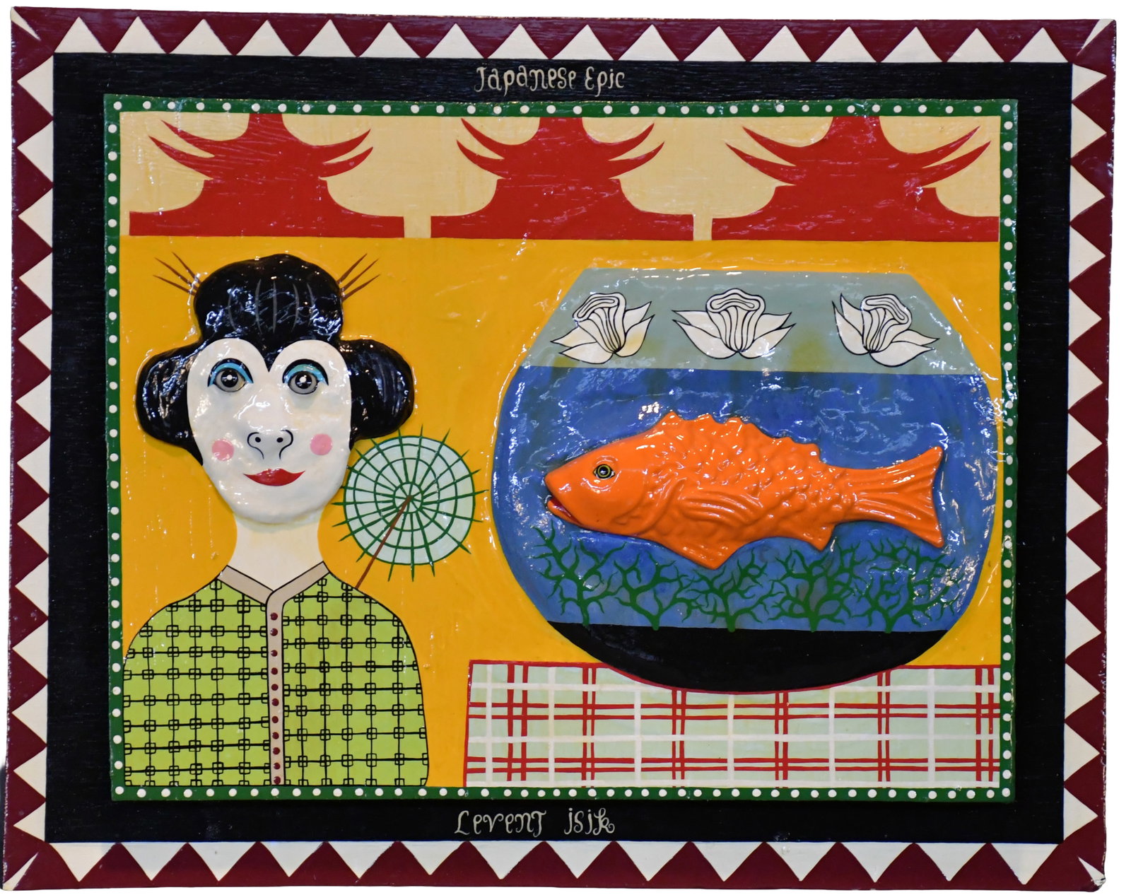 Levent Isik. A Japanese Epic.: Levent Isik. A Japanese Epic. 2003. Signed, dated, and titled. Paint and mixed media on board. Excellent condition. 21.5" w x 17" h. Est. $500-800. Ship: $65 Please Read Before You Bid: By