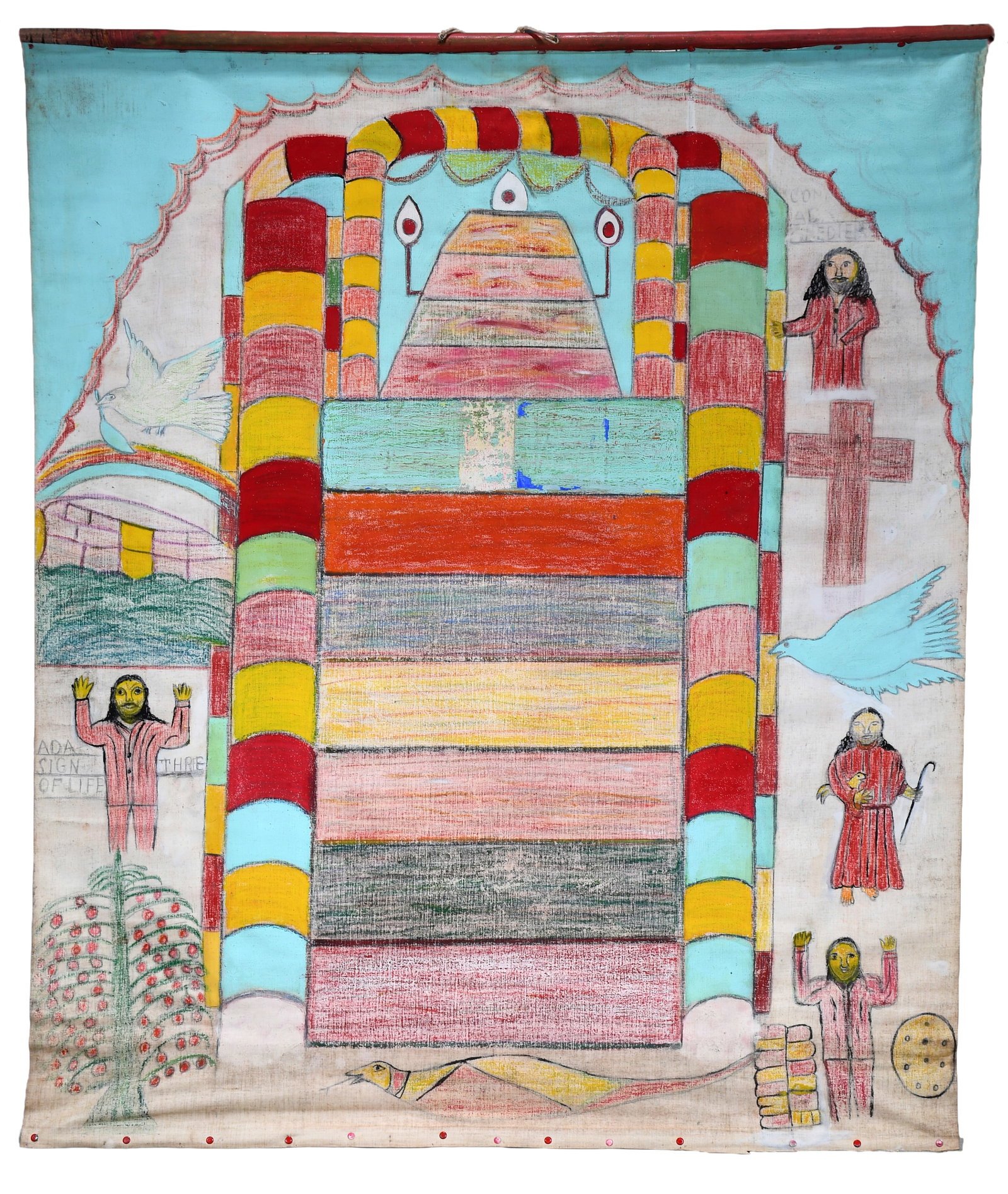 Rev. Samuel Phillips. ADA Sign of Life.: Rev. Samuel Phillips. ADA Sign of Life. c. 1960s. Titled. Paint, crayon and mixed media on vinyl cloth. Minor toning and some fading otherwise great condition. 45" w x 52" h. Est. $2,000-4,000. Ship: