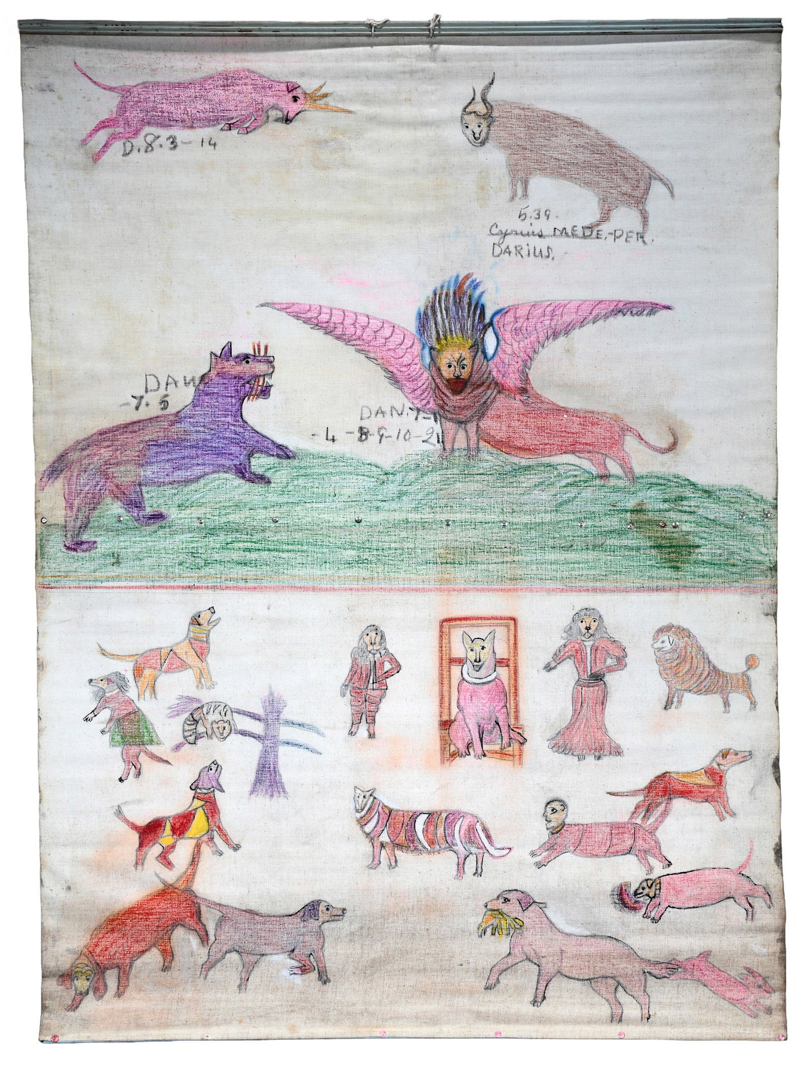 Rev. Samuel Phillips. The Winged Beast Daniel 7.1.: Rev. Samuel Phillips. The Winged Beast Daniel 7.1. c. 1960s. Paint, crayon and mixed media on vinyl cloth. Minor toning overall, and small staining otherwise great condition. 39" w x 52" h. Est.