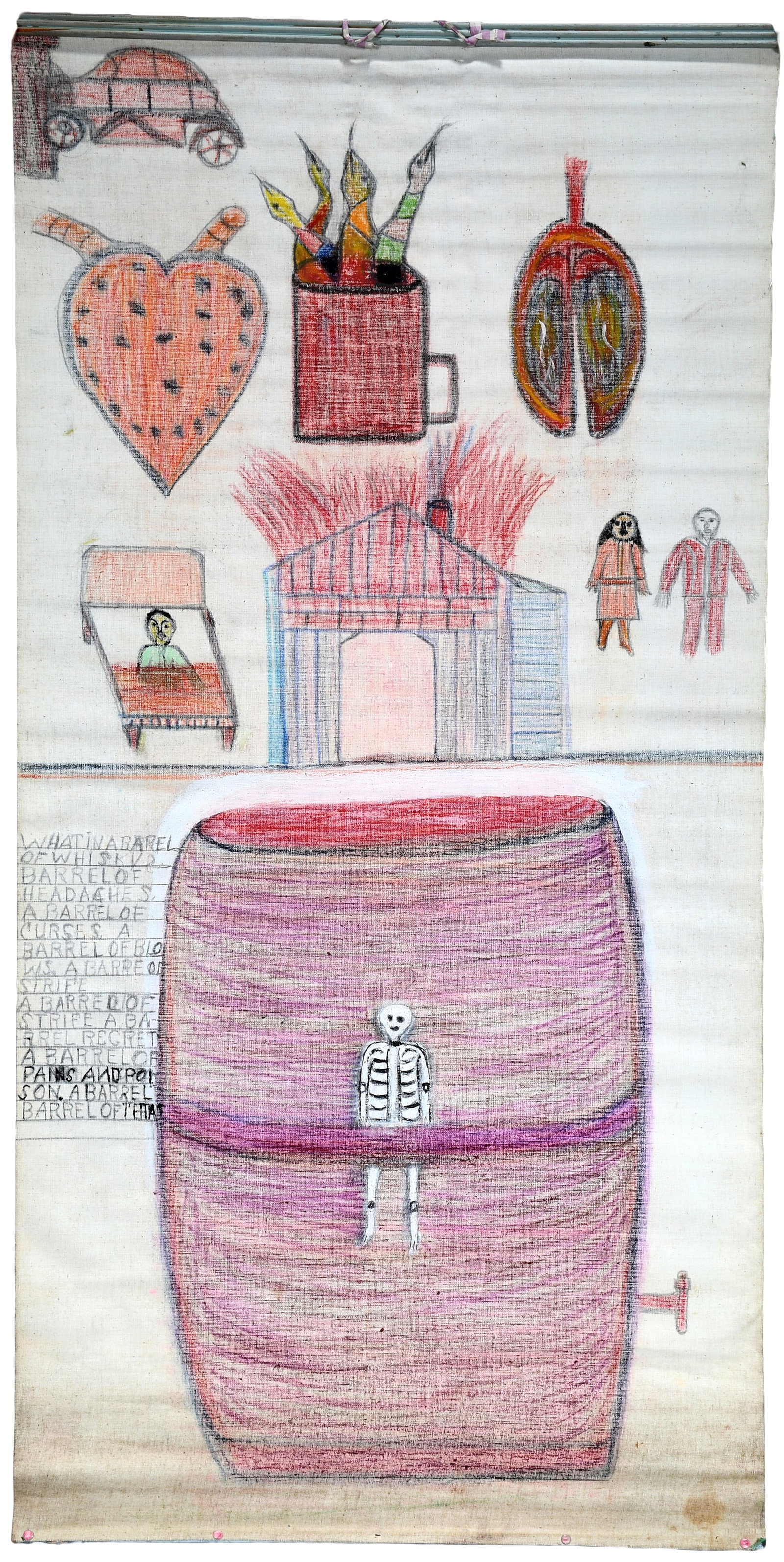 Rev. Samuel Phillips. What's In a Barrel of Whiskey.: Rev. Samuel Phillips. What's In a Barrel of Whiskey. c. 1960-70. Titled. Paint, crayon and mixed media on vinyl cloth. Minor stain or toning of cloth at bottom, otherwise great condition. 26" w x 52"