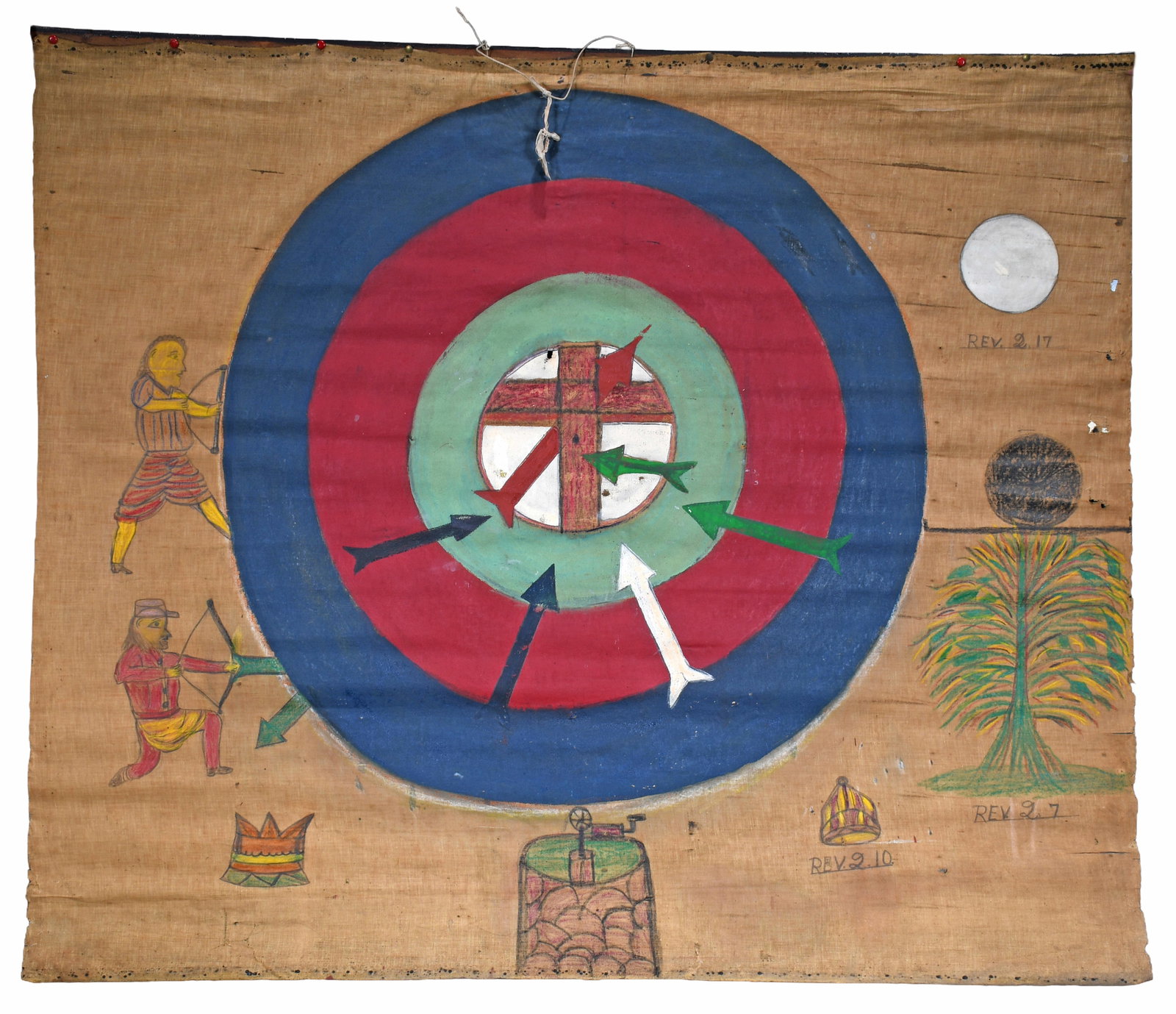 Rev. Samuel Phillips. Attack of the Cross.: Rev. Samuel Phillips. Attack of the Cross. c. 1930-40s. Paint and mixed media on linen backed to oil cloth. Good condition. 54" w x 46" h. Est. $1,000-2,000. Ship: Rolled $100 Please Read Before