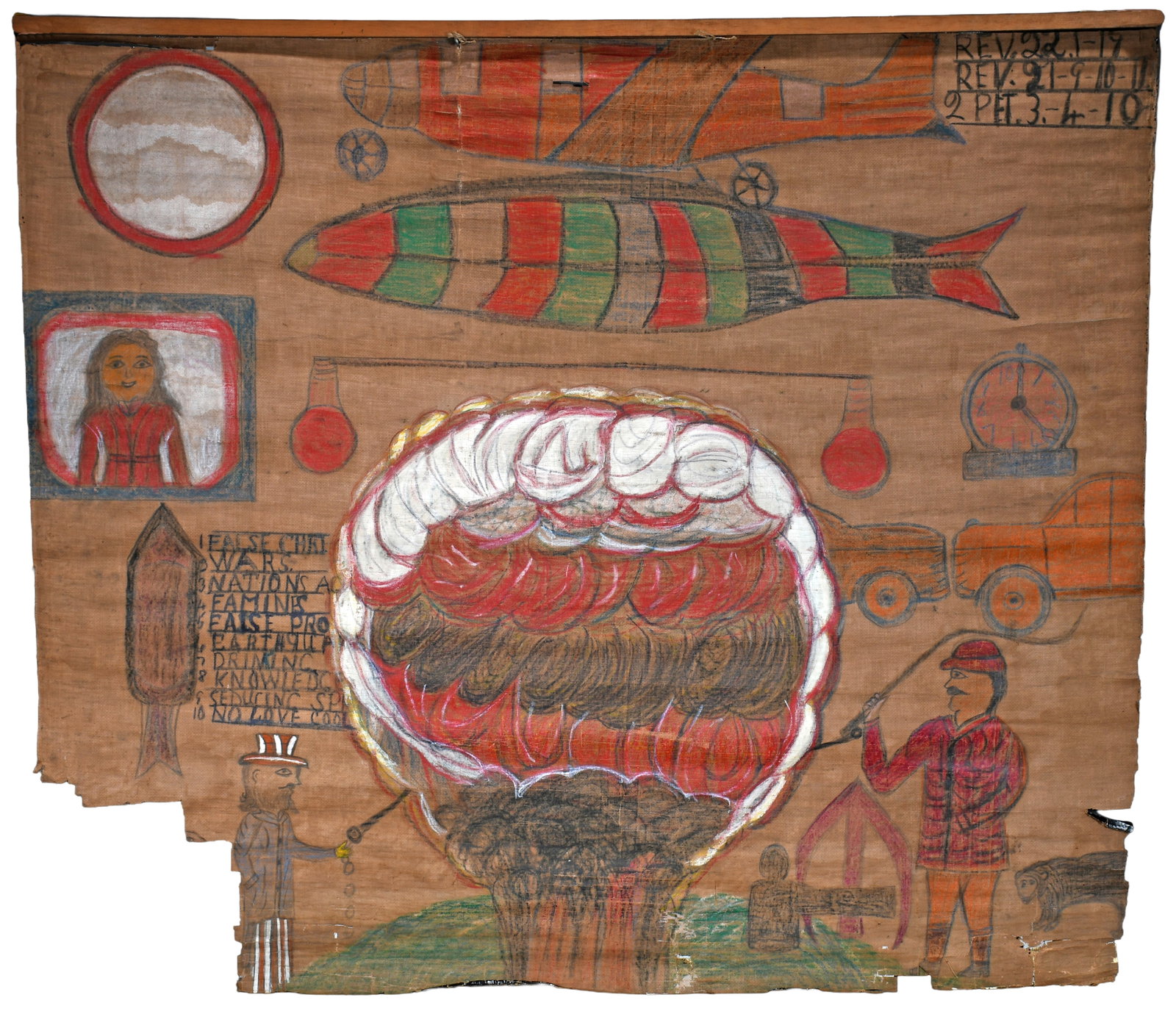 Rev. Samuel Phillips. Nuclear War.: Rev. Samuel Phillips. Nuclear War. c. 1940s. Paint, crayon and mixed media on linen backed to oil cloth. Large piece missing lower left, tear and wear throughout, otherwise good to fair condition.