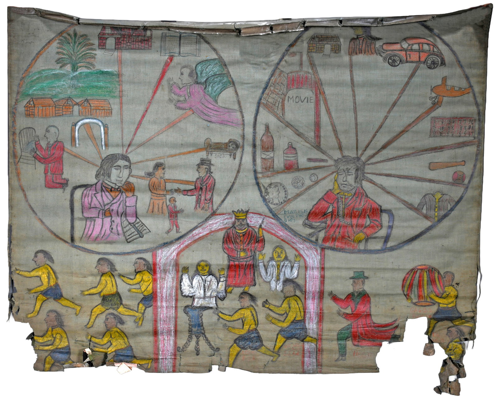 Rev. Samuel Phillips. Circle of Thought.: Rev. Samuel Phillips. Circle of Thought. c. 1930-40s. Paint, crayon and mixed media on linen backed to oil cloth. Loss on left and right bottom otherwise fair condition. 46" w x 35.5" h. Est.