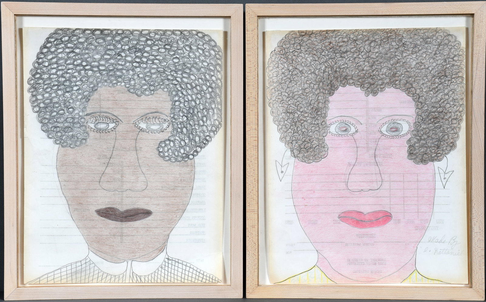 Inez Nathaniel Walker. Pair of Portraits on Prison Paper.: Inez Nathaniel Walker. Pair of Portraits on Prison Paper. c. 1970s. Graphite and colored pencil on prison paper. Minor toning of paper, reverse graph from prison paper faintly showing through,