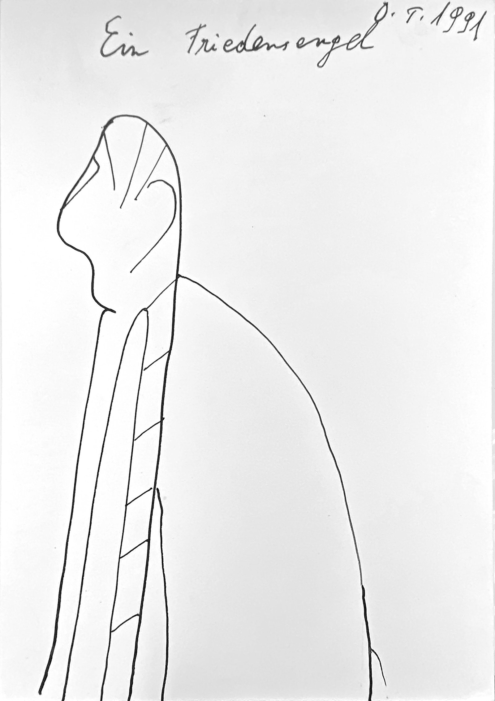 Oswald Tschirtner. Ein Friendensengel.: Oswald Tschirtner. Ein Friendensengel. c. early 1990s. Ink on paper. Excellent condition. 4" w x 6" h. Provenance: Purchased by consignor during visit to Gugging's artist house in early 1990s. Est.
