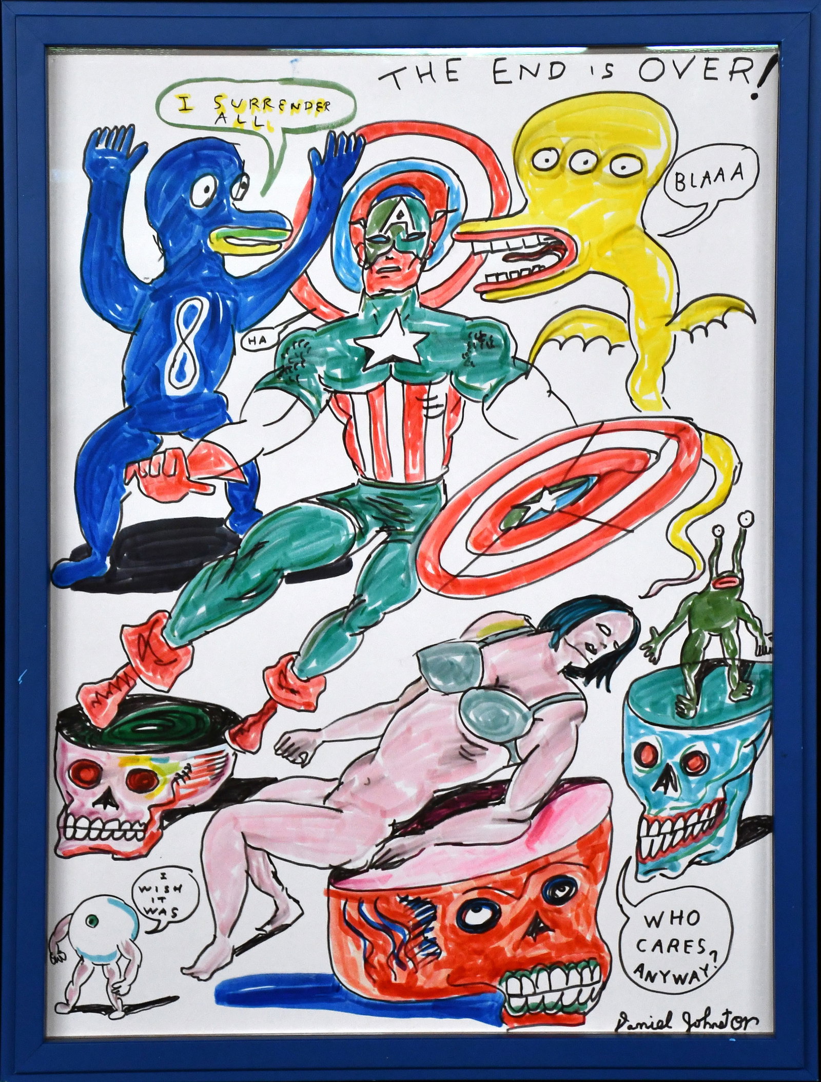 Daniel Johnston. The End is Over.: Daniel Johnston. (1961-2019). The End is Over. Signed and titled. Marker on paper. Excellent condition. Size with frame is 16.5" w x 21.5" h. Est. $1,000-1,500. Ship: $55 Please Read Before You