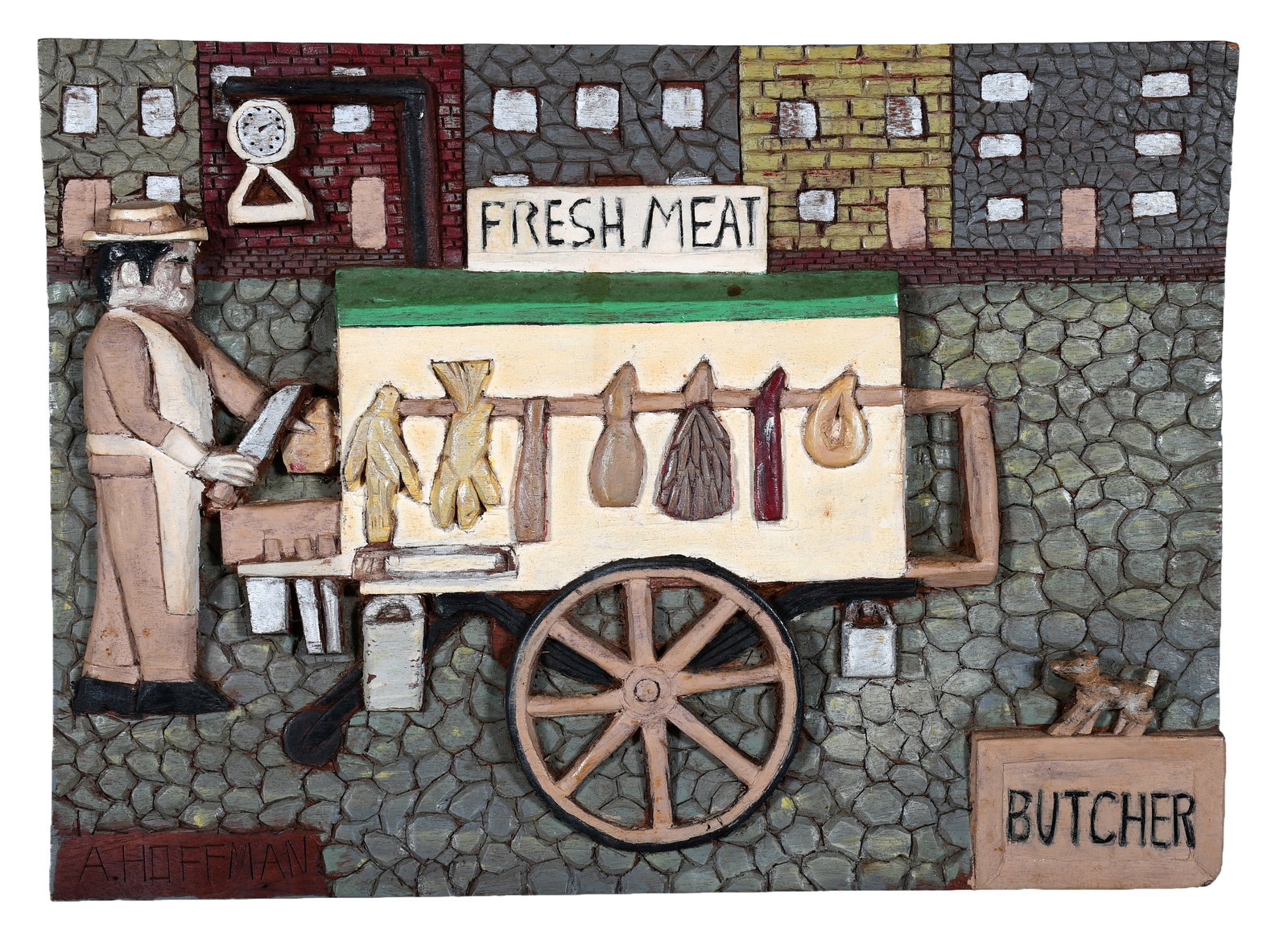 Albert Hoffman. Butcher.: Albert Hoffman. Butcher. Signed and titled. Carved and painted wood-relief plaque. Excellent condition. 16" w x 12" h. Provenance: The Lynne Ingram Collection. Est. $500-800. Ship: $55 Please Read Bef