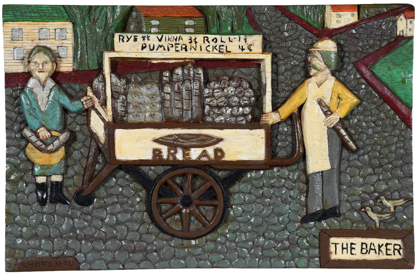 Albert Hoffman. The Baker.: Albert Hoffman. The Baker. 1971. Signed, dated, and titled. Carved and painted wood-relief plaque. Excellent condition. 17" w x 11" h. Provenance: The Lynne Ingram Collection. Est. $500-800. Ship: