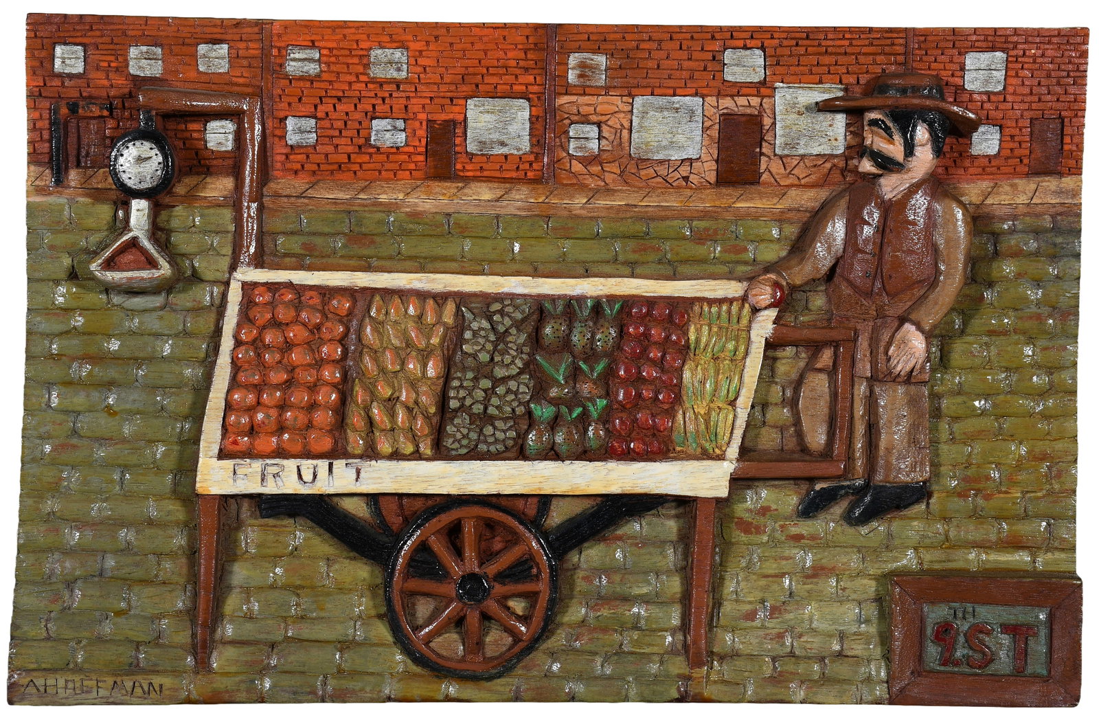 Albert Hoffman. 9th Street Fruit Seller.: Albert Hoffman. 9th Street Fruit Seller. Signed and titled. Carved and painted wood-relief plaque. Excellent condition. 17.5" w x 11" h. Provenance: The Lynne Ingram Collection. Est. $500-800. Ship: