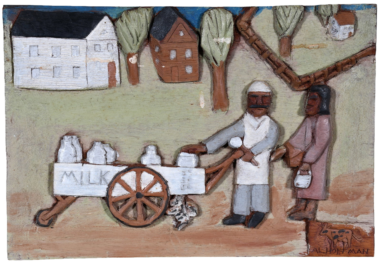 Albert Hoffman. Milkman.: Albert Hoffman. Milkman. Signed and titled. Carved and painted wood-relief plaque. Excellent condition. 16.5" w x 11.5" h. Provenance: The Lynne Ingram Collection. Est. $500-800. Ship: $55 Please