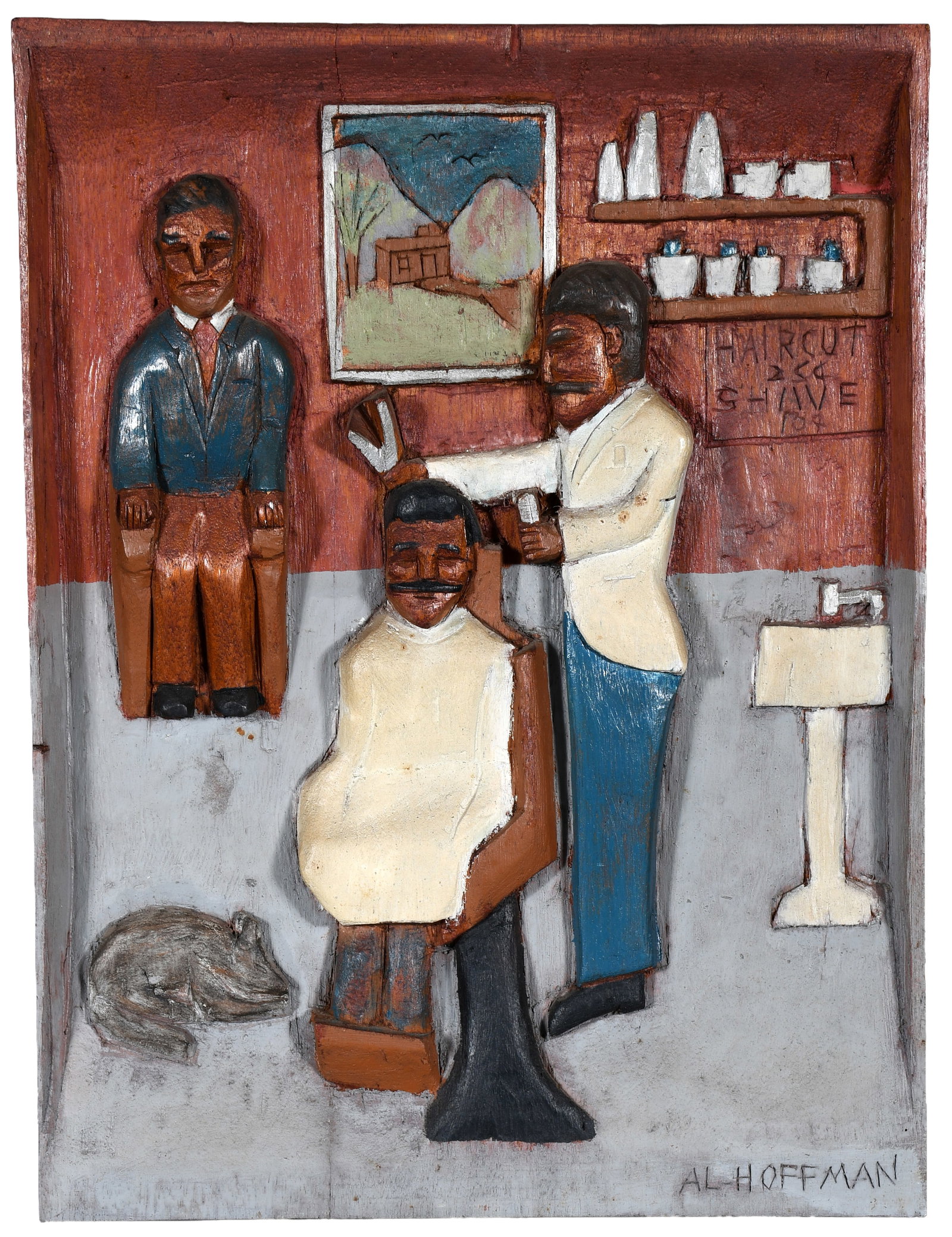 Albert Hoffman. Barber.: Albert Hoffman. Barber. 1976. Signed, dated, and titled. Carved and painted wood relief plaque. Excellent condition. 13" w x 17" h. Provenance: The Lynne Ingram Collection. Est. $500-800. Ship: $55 