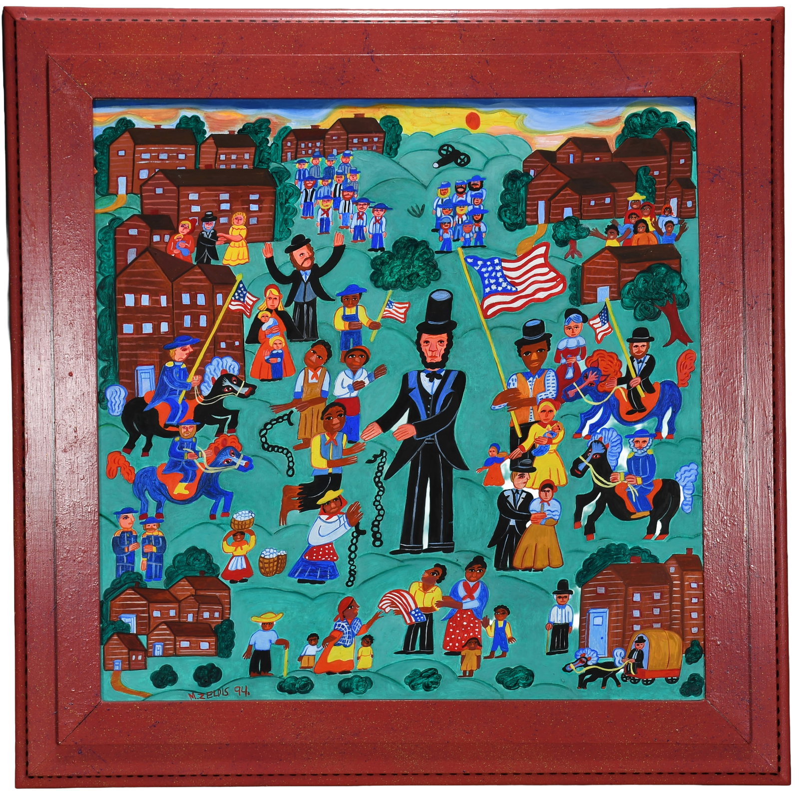 Malcah Zeldis. Abe Lincoln Freeing the Slaves.: Malcah Zeldis. (b. 1931). Abe Lincoln Freeing the Slaves. 1994. Signed and dated. Excellent condition. Size with artist painted frame is 31" w x 31" h. Est. $1,000-3,000. Ship: $200 Please Read