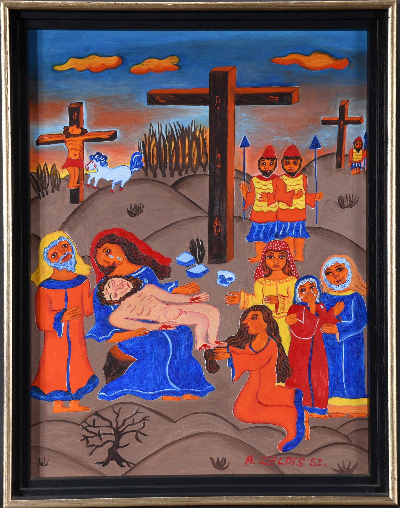 Malcah Zeldis. Taking Jesus Off the Cross.: Malcah Zeldis. Taking Jesus Off the Cross. 1982. Signed and dated. Oil on artist panel. Excellent condition. Size with frame is 13" w x 17" h. Provenance: Richard Gasperi and James Resko. Est.