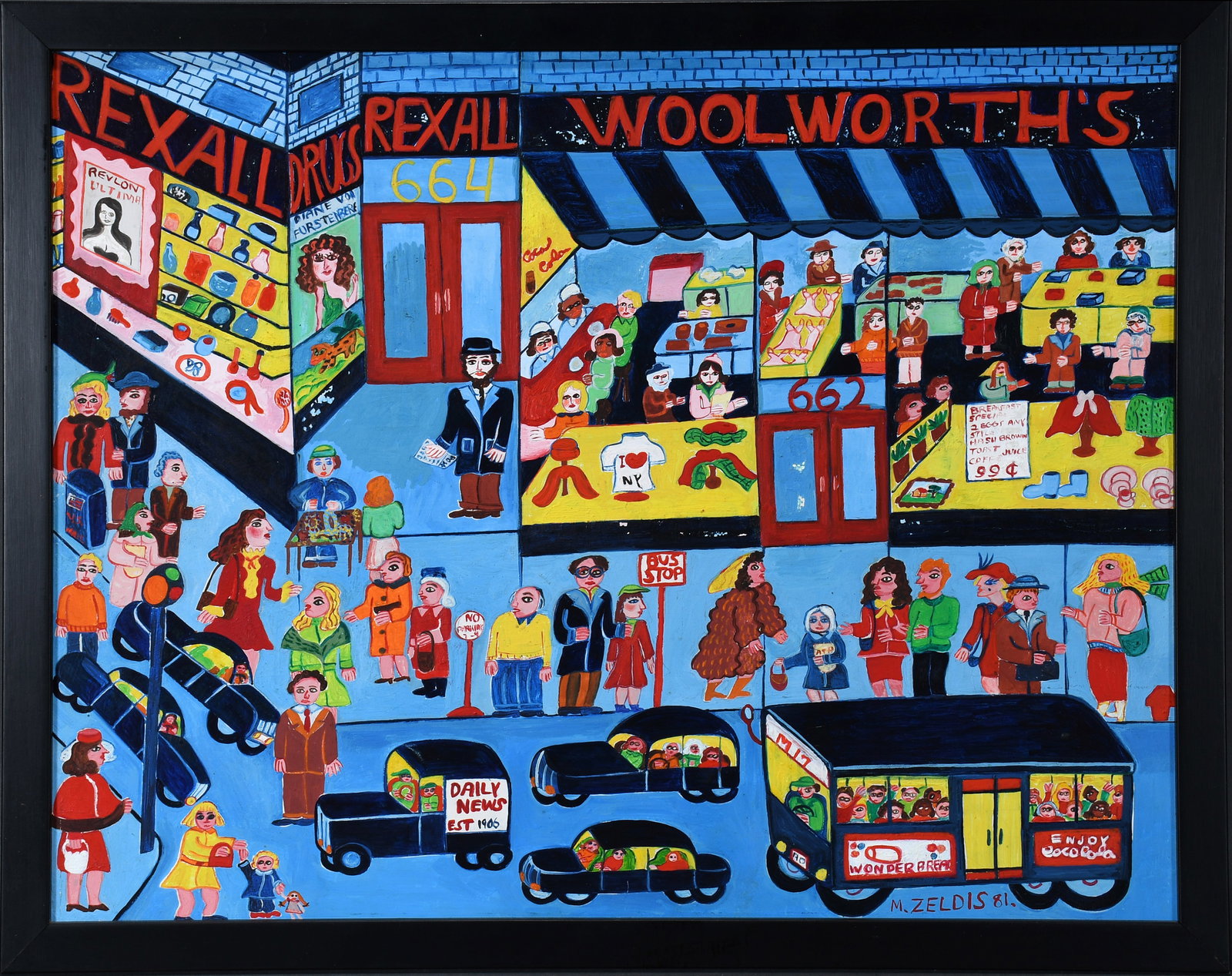 Malcah Zeldis. Woolworth's Store Window.: Malcah Zeldis. Woolworth's Store Window. 1981. Signed and dated. Oil on artist panel. Minor paint loss throughout, otherwise good to fair condition. 19" w x 15" h with frame. Provenance: Richard