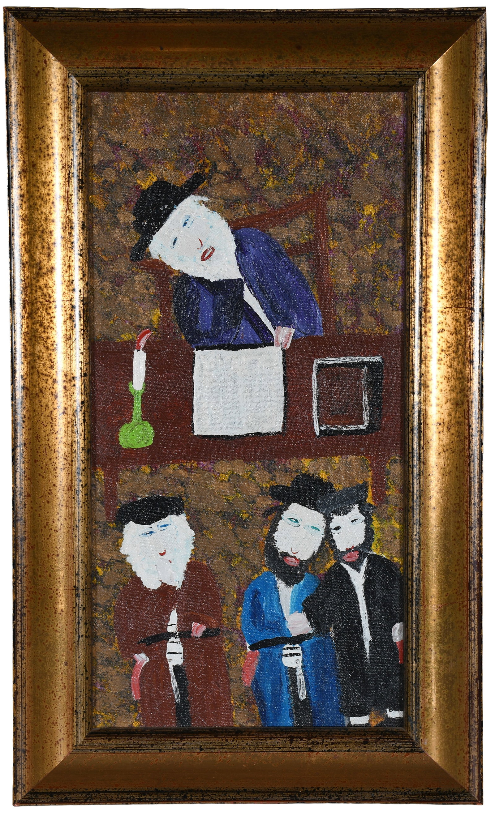 Harry Lieberman. Shul Scene.: Harry Lieberman. (1876-1983). Shul Scene. Not signed. Oil on canvas. Excellent condition. Size with frame 9.5" w x 15.5" h. Provenance: The Lynne Ingram Collection. Est. $200-300. Ship: $55 Please