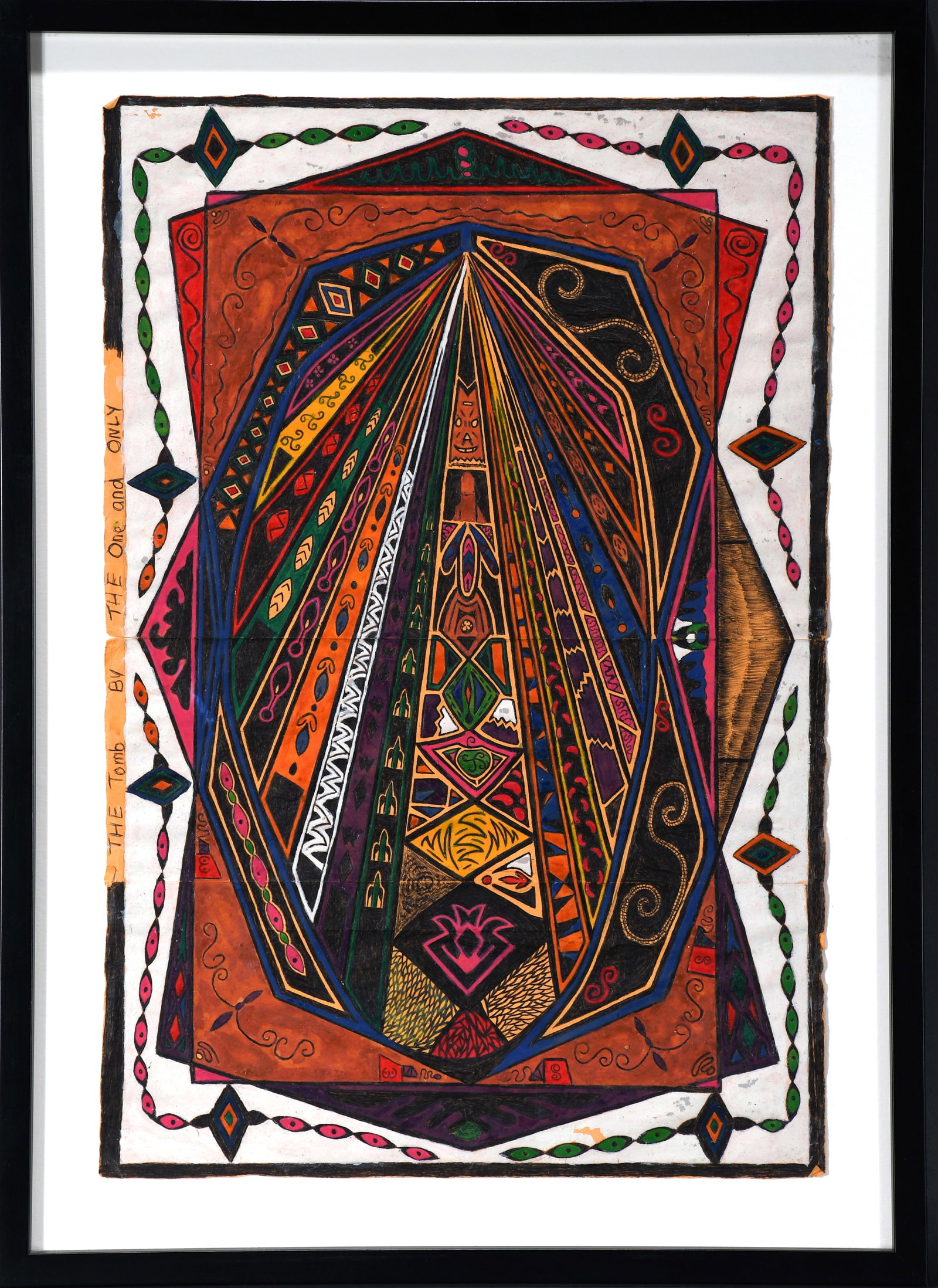 Henry Ray Clark. The Tomb By the One and Only.: Henry Ray Clark. The Tomb By the One and Only. Titled. Paint and ink on found manilla folder. Wear on edges otherwise great condition. Image is 13.5" w x 20" h. Frame is 17" w x 23" h. Provenance: Col