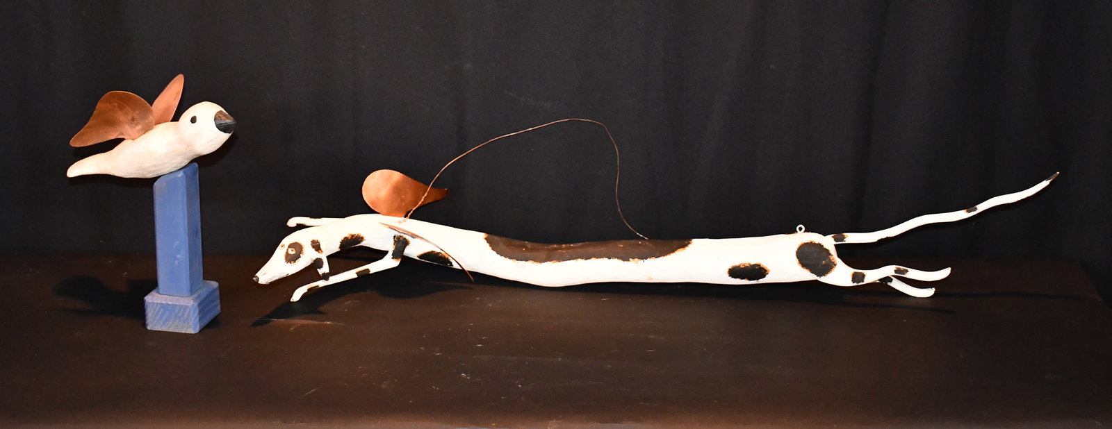 Roy Minshew. Angel Dog and Bird.: Roy Minshew. Angel Dog and Bird. 2001. Signed and dated. Carved and painted wood with brass. Excellent condition. Hound is 34" long. Est. $300-500. Ship: $85 Please Read Before You Bid: By