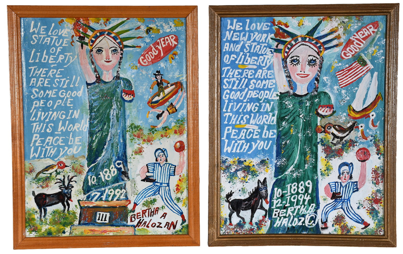 Bertha Halozan. Pair of Statue of Liberty Works.: Bertha Halozan. Pair of Statue of Liberty Works. 1992 and 1994. Signed and dated. Paint on canvas panel with ephemera on versos. Excellent condition. Size with frames 13.5" w x 17" h each. Est.