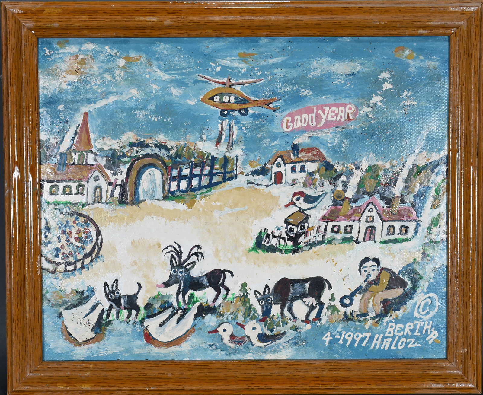 Bertha Halozan. Deer and Cow at Lakeshore.: Bertha Halozan. Deer and Cow at Lakeshore. 1997. Signed and dated. Paint and glitter on canvas panel with ephemera on verso. Excellent condition. Size with frame 23" w x 19" h. Est. $400-600. Ship: