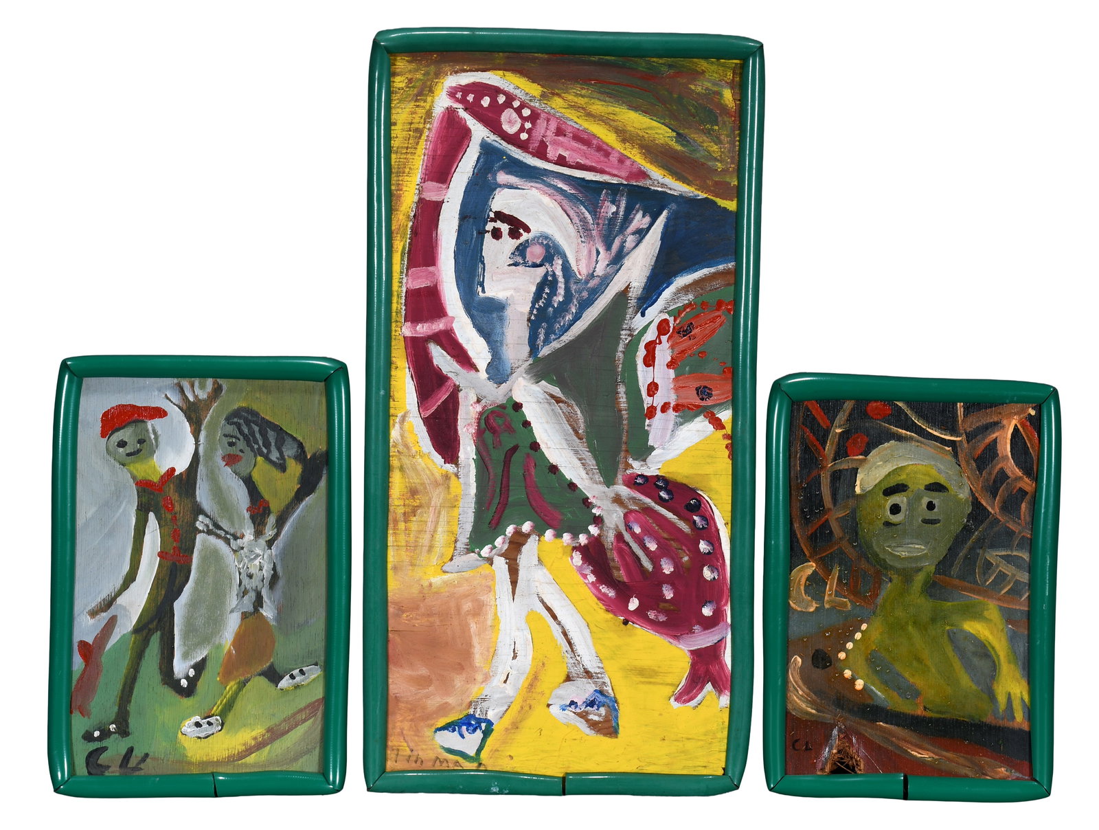 Charlie Lucas. Three Paintings.: Charlie Lucas. Three Paintings. All initialed. Paint on found board with garden hose frame. Great condition. Largest is 11" w x 21" h. Provenance: The Lynne Ingram Collection. Est. $300-500. Ship: