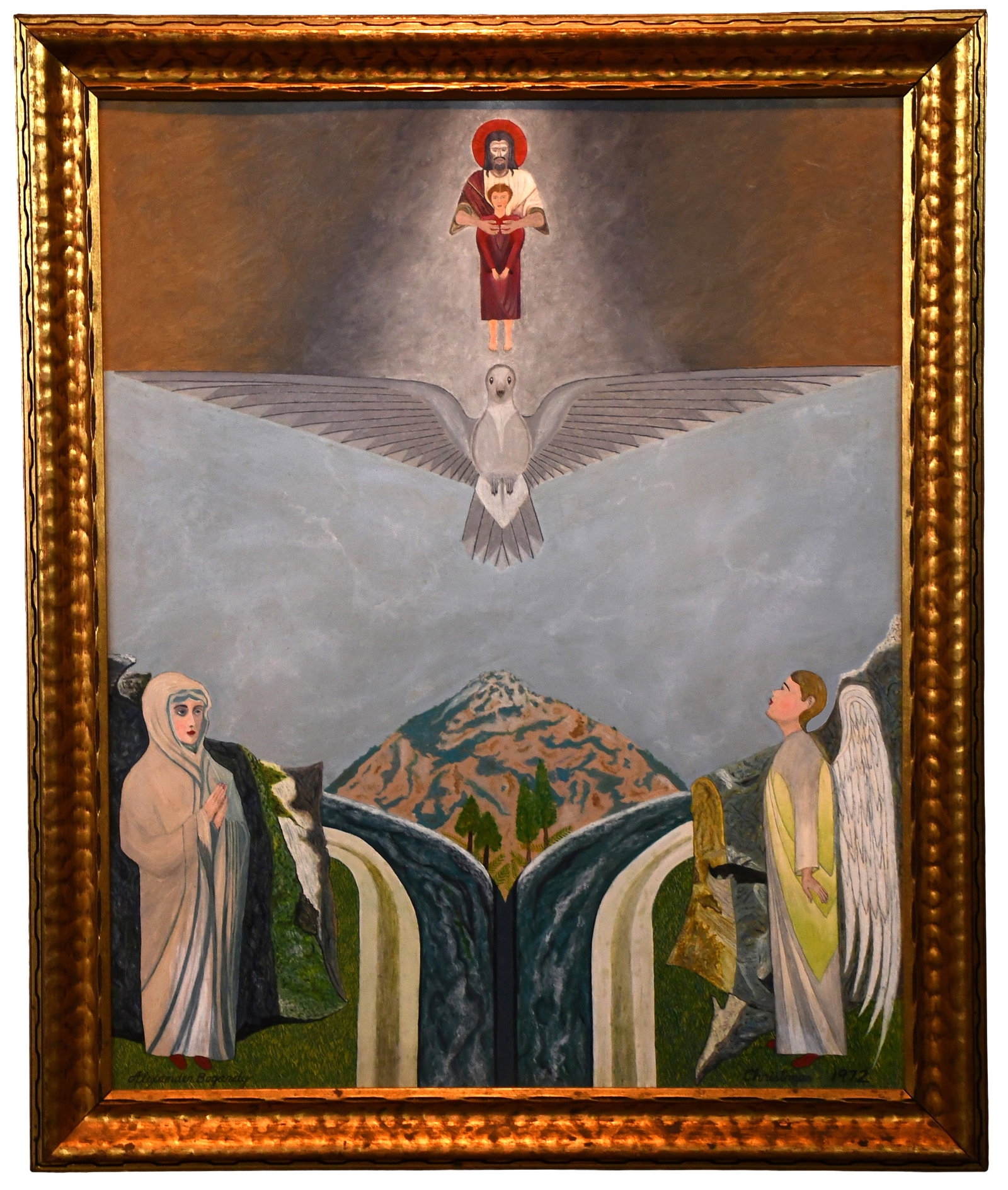 Alexander Bogardy. Christmas.: Alexander Bogardy. Christmas. 1972. Signed, dated, and titled. Oil on artist panel. Subtle bowing of board, otherwise excellent condition. Size with frame is 30" w x 36" h. Est. $1,000-3,000. Ship: