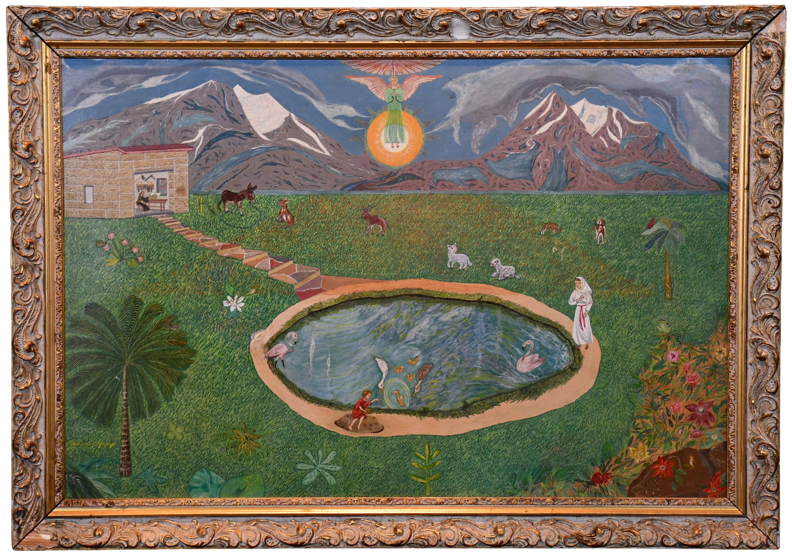 Alexander Bogardy. Angel Over Peaceful Valley.: Alexander Bogardy. Angel Over Peaceful Valley. Signed. Oil on artist panel. Minor repair middle left and slight surface wear, otherwise great condition. Size with frame is 34" w x 24" h. Est.