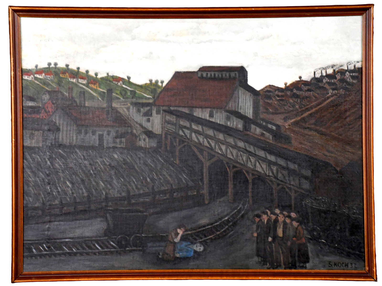 Samuel Koch. Tragedy at the Coal Mine.: Samuel Koch. (1887-1963). Tragedy at the Coal Mine. 1937. Signed and dated. Oil on canvas. Professional repair to left side and re-lined, otherwise great condition. Size with frame is 33.5" w x 25.5"
